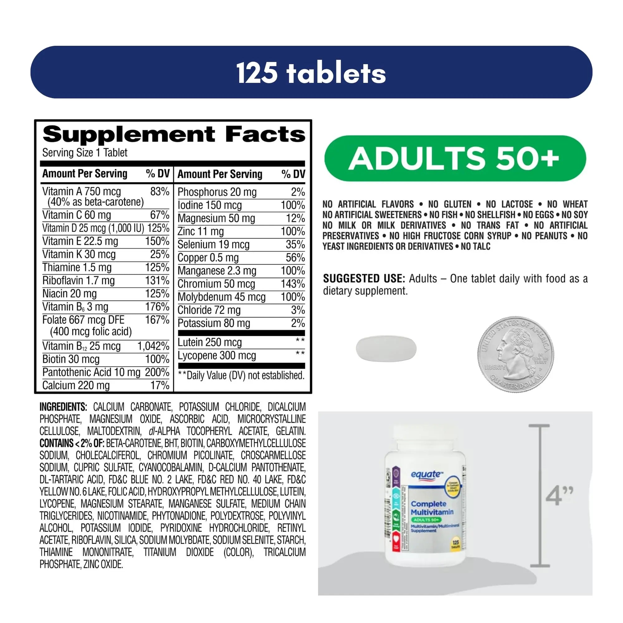 Equate Adult 50+ One Daily Complete Multivitamin Multimineral Supplement Tablets, Healthy Brain Aus HealthcareAu supplements