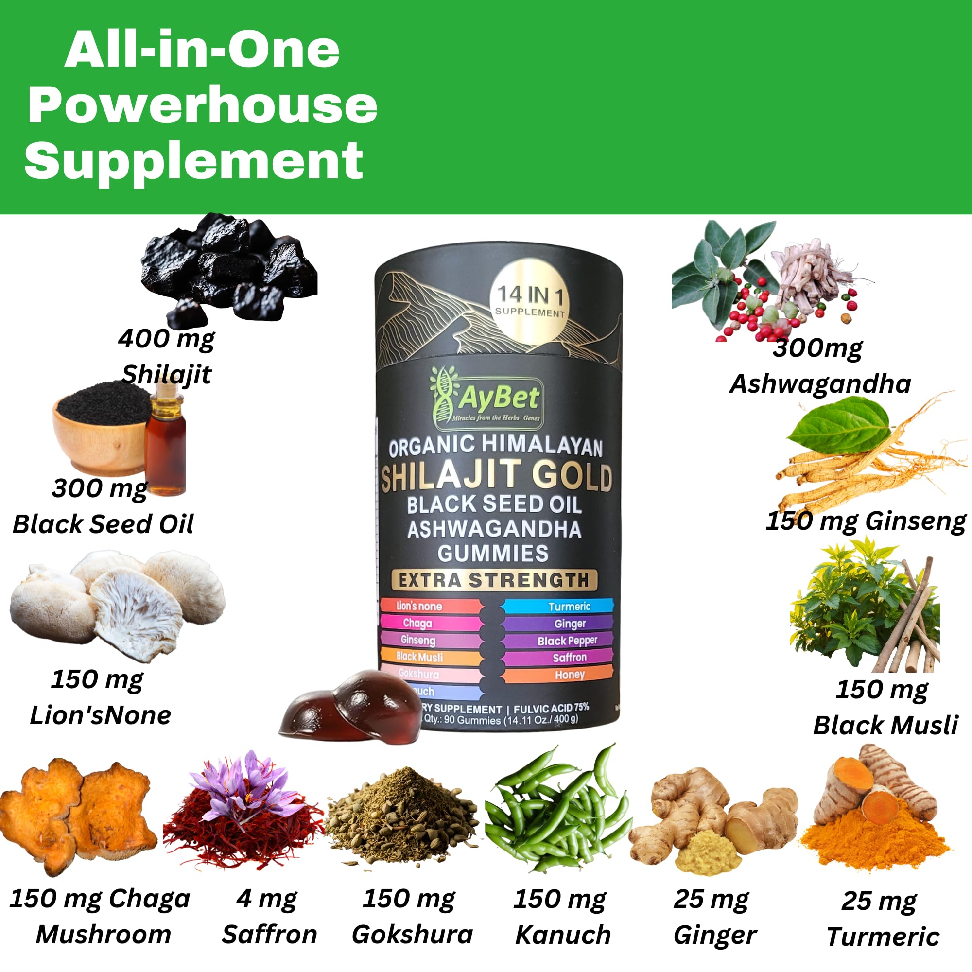 AyBet Organic Himalayan Shilajit Gold Gummies for Men and Women, Black Seed Oil, Ashwagandha, Ginseng, Turmeric, Gokshura, Lion's None, Lab Tested,%75 Fulvic Acid, No Sugar Added, Halal, 90Gummy AyBetAu supplements