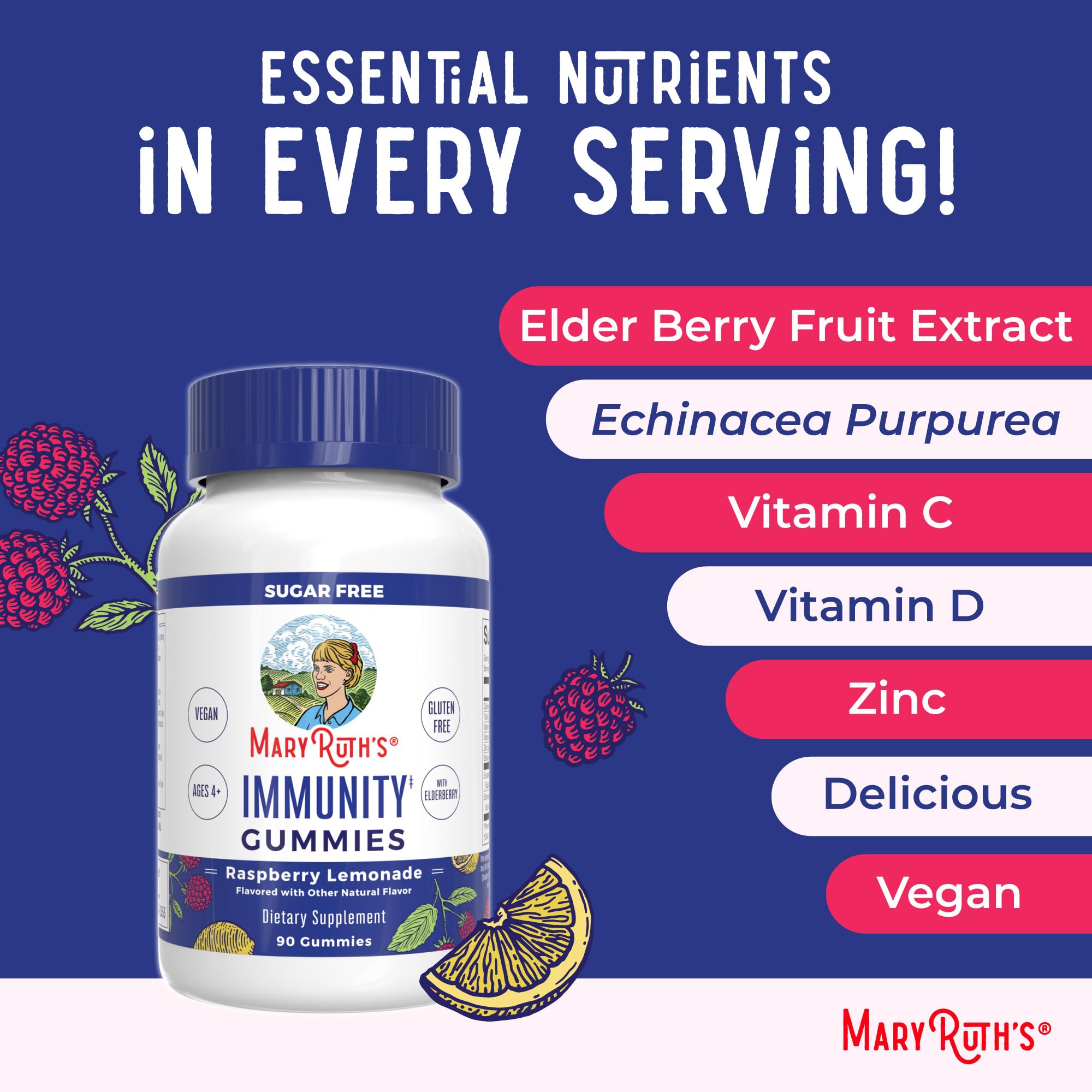 MaryRuth Organics Sugar Free Immunity Gummies | Powerful Blend | Elderberry Vitamin C & Zinc | Vitamin D3 & Echinacea | Immune Support Supplement | Gummies for Kids & Adults | Vegan | Non GMO | 90ct MARYRUTH'SUS supplements