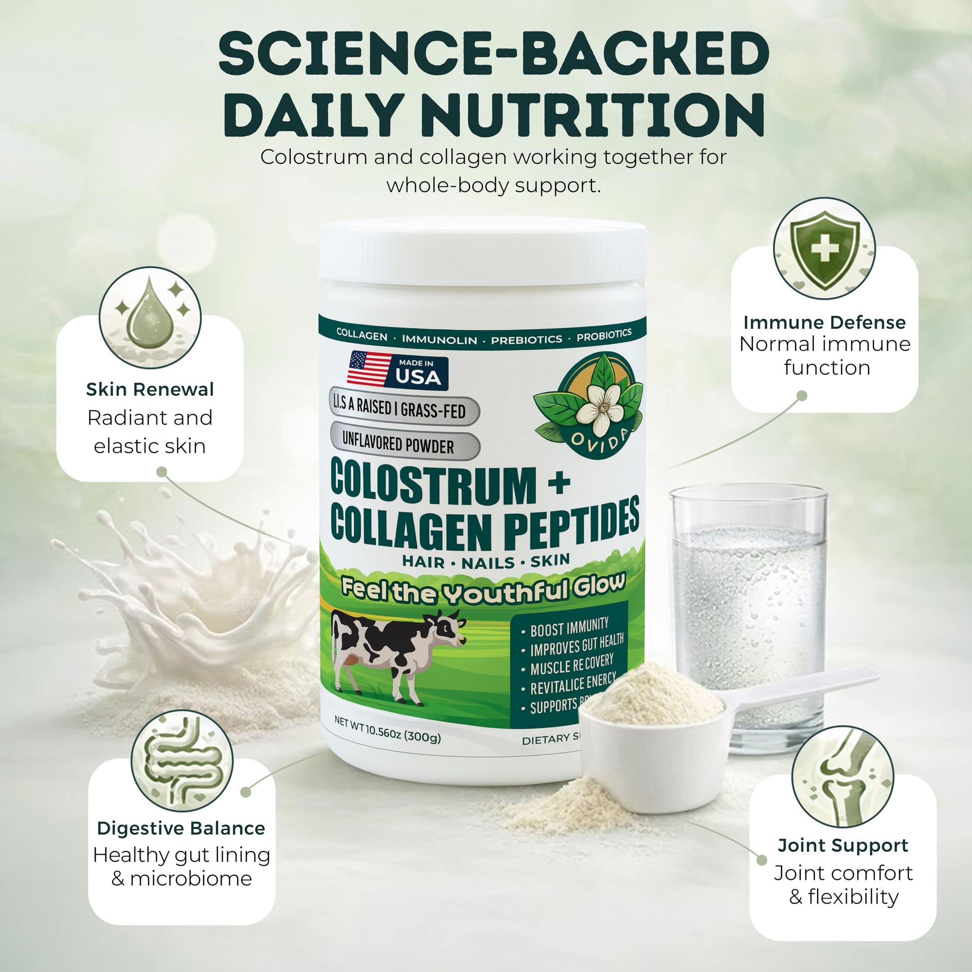 Bovine Colostrum and Hydrolyzed Collagen Peptides Powder Supplement for Women & Men - Supports Gut Health, Joint & Bone Health, Hair Skin Nails - Grass-Fed, Non-GMO, Gluten Free, 300g (30 Servings) OVIDAAu supplements