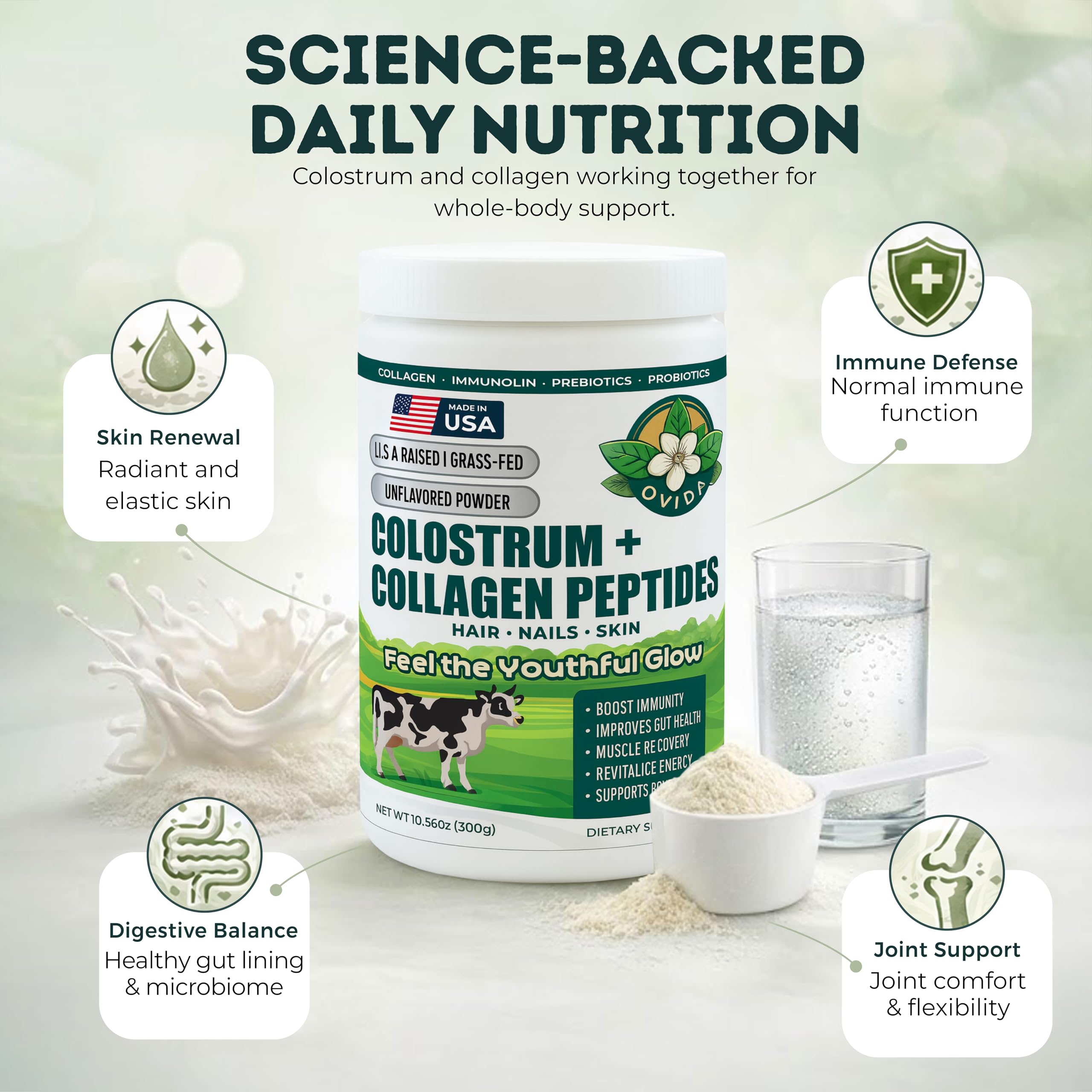 Bovine Colostrum and Hydrolyzed Collagen Peptides Powder Supplement for Women & Men - Supports Gut Health, Joint & Bone Health, Hair Skin Nails - Grass-Fed, Non-GMO, Gluten Free, 300g (30 Servings) OVIDAAu supplements