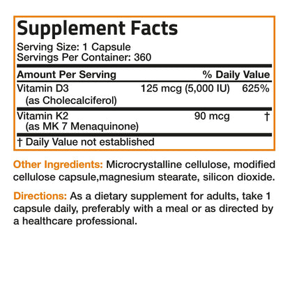 Bronson Vitamin K2 (MK7) with D3 Supplement Non-GMO Formula 5000 IU Vitamin D3 BronsonUS supplements