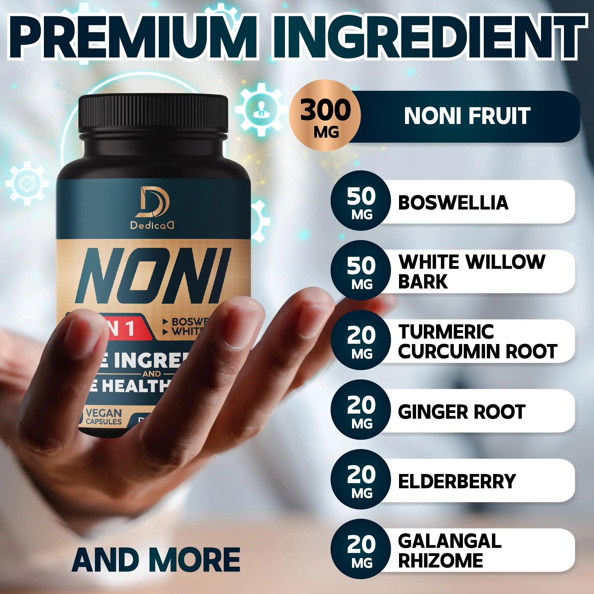 DEDICAD 10in1 Noni Capsules - 4 Month Supply with Elderberry, Boswellia, Turmeric, Ginger & More - Support Muscle, Joint, Digestive & Immune - 2 Packs of 60 Vegan Capsules, Non-GMO & Gluten-Free DEDICADnz supplements