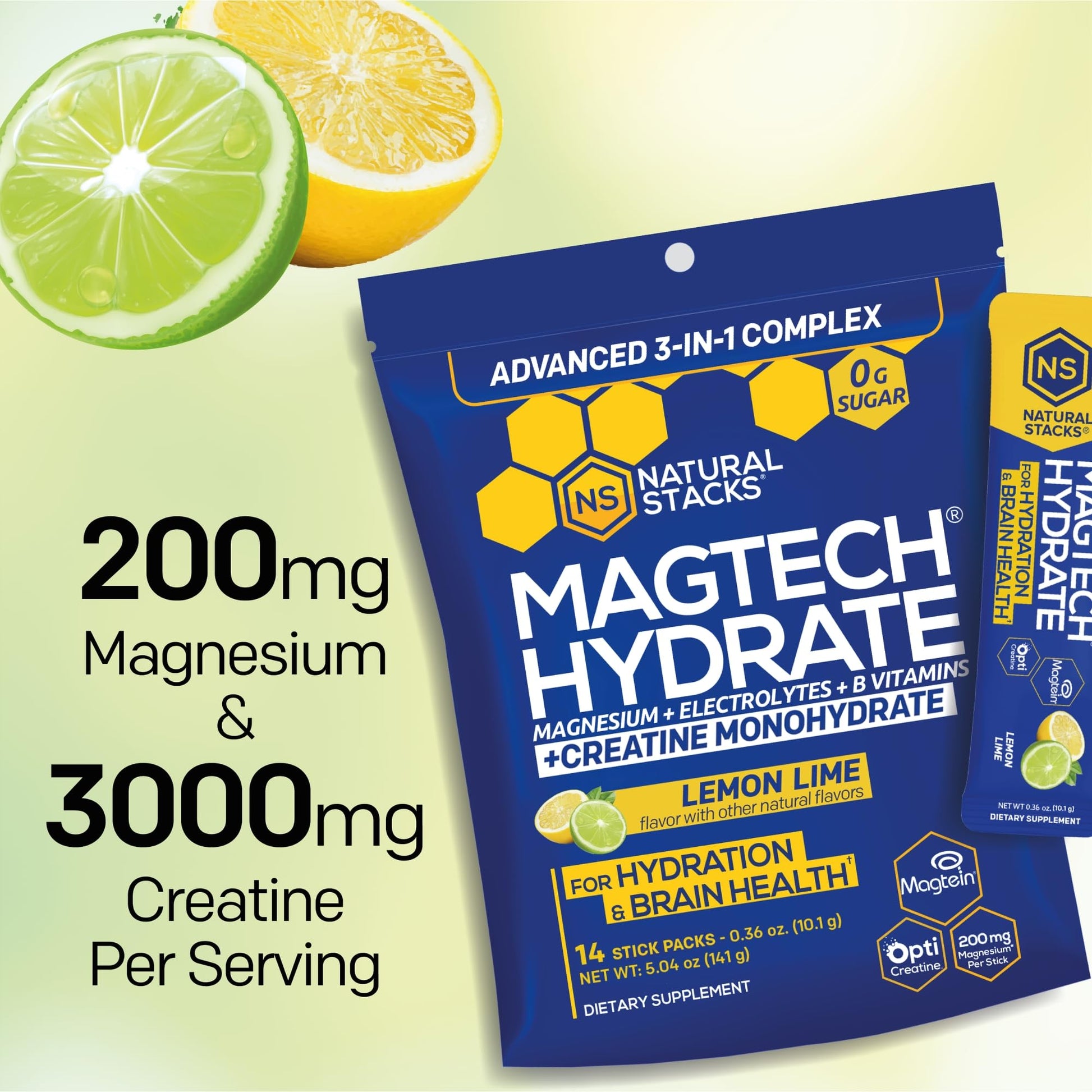 NATURAL STACKS Magtech Magnesium Hydrate + Creatine - Sugar Free Electrolyte Drink - Magtein Magnesium L-Threonate, Glycinate & Taurate - Supports Hydration & Cellular Energy - 14 Hydration Packets NATURAL STACKSAu supplements
