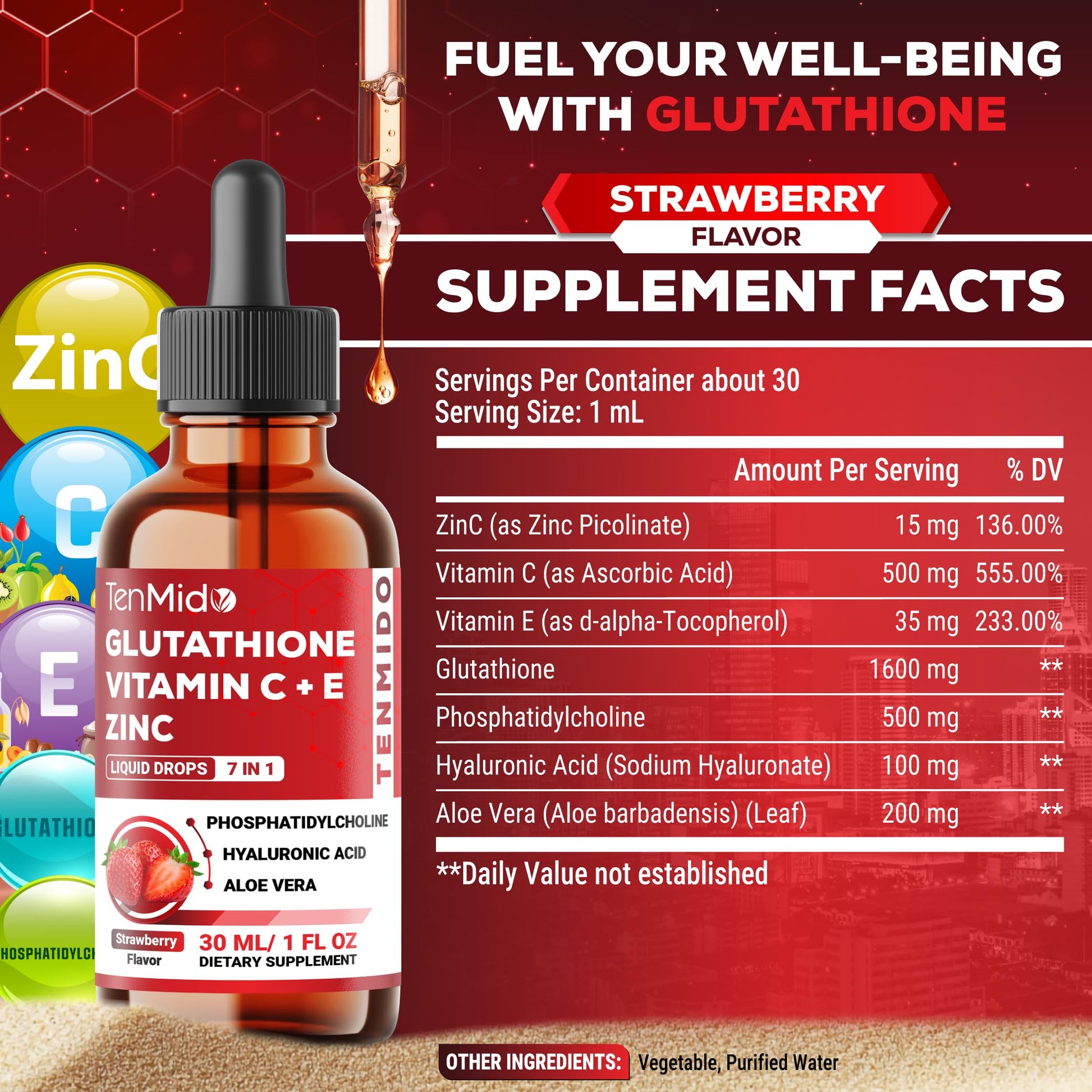 Tenmido Liposomal Glutathione Supplement - 7in1 Liquid Drops with Zinc, Vitamin C, Vitamin E, Phosphatidylcholine, Hyaluronic Acid, and Aloe Vera - Vegan, Non-GMO - 30ml 1 Fl Oz TenmidoAu supplements
