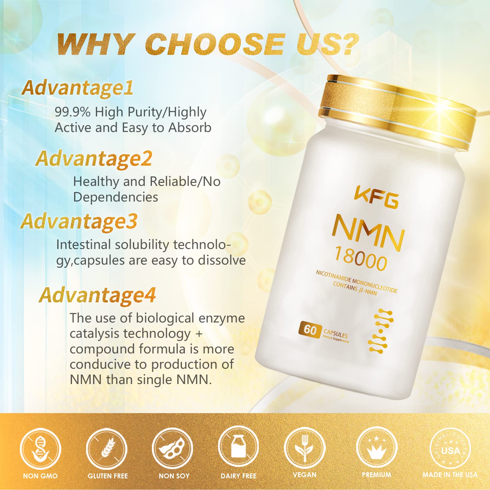 KFG NMN 18000 - NMN Nicotinamide Mononucleotide Supplement with Resveratrol, Stabilized Form & 99% High Purity to Boost NAD+ Levels for DNA Repair Supplement,for Healthy Aging,60 Capsules KFGAu supplements