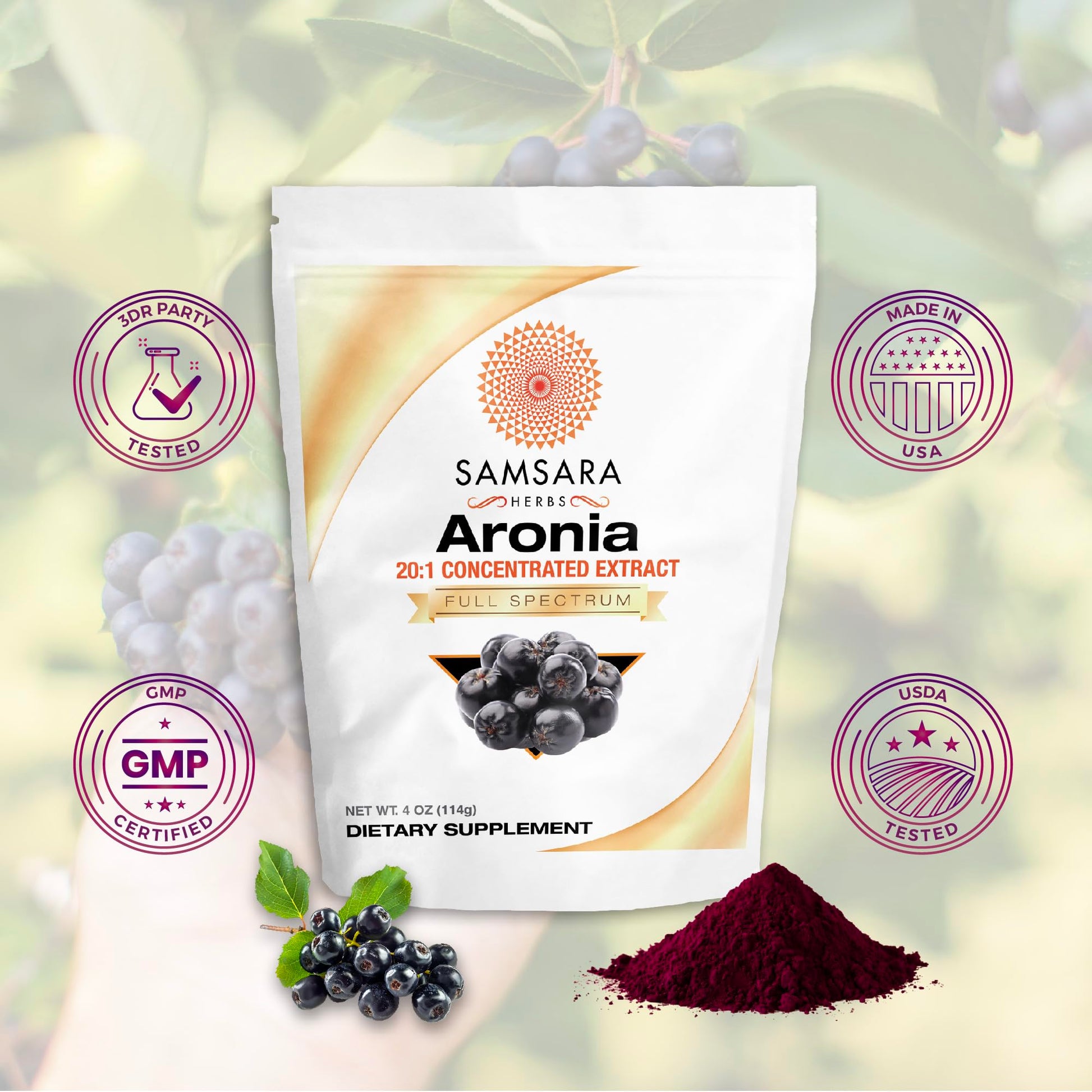 Samsara Herbs Aronia Berry 20:1 Extract Powder (16oz/454g) - Antioxidant, Flavonoids and Polyphenols Supplement - High ORAC - Native American Berry - Improved Wellbeing Samsara HerbsAu supplements