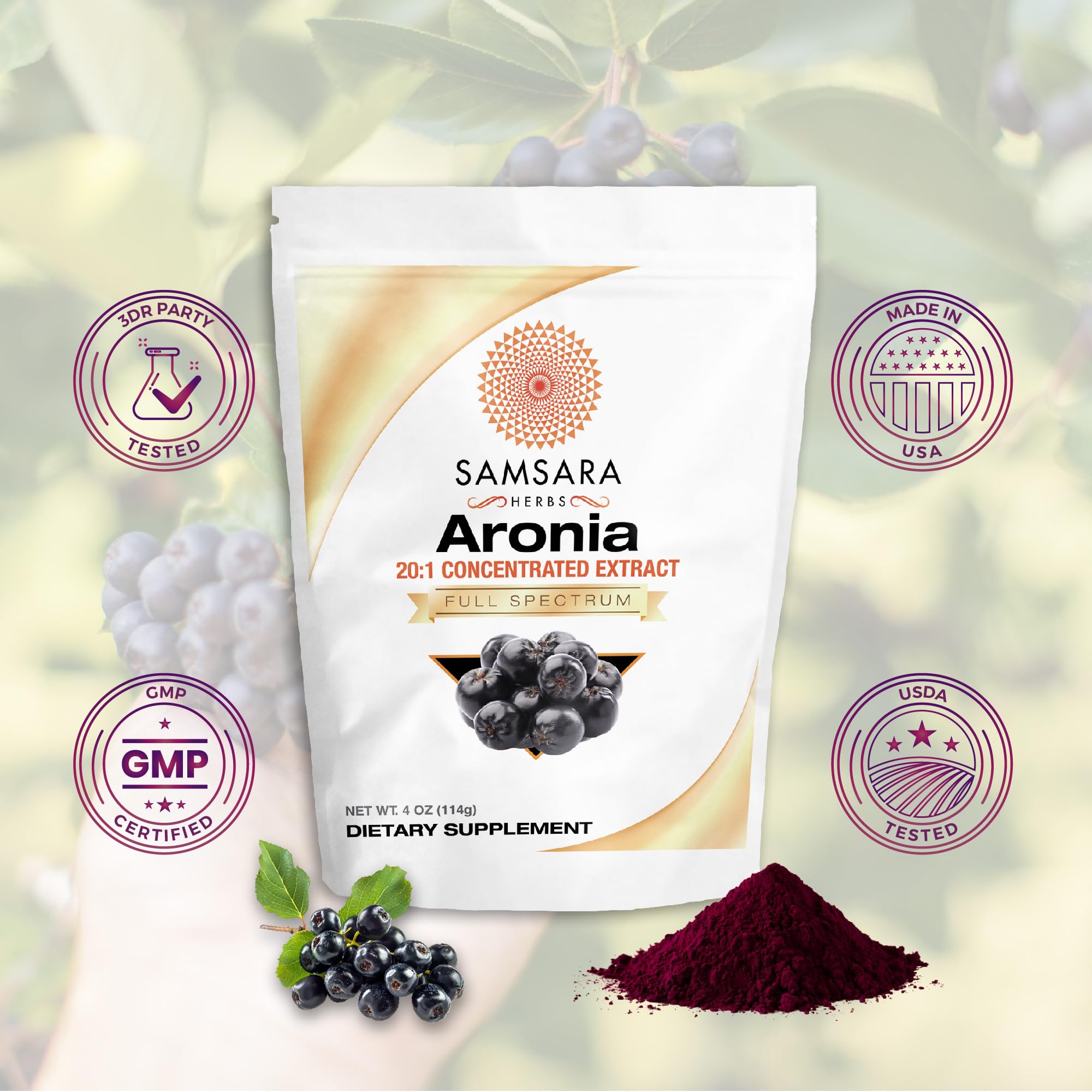 Samsara Herbs Aronia Berry 20:1 Extract Powder (16oz/454g) - Antioxidant, Flavonoids and Polyphenols Supplement - High ORAC - Native American Berry - Improved Wellbeing Samsara HerbsAu supplements