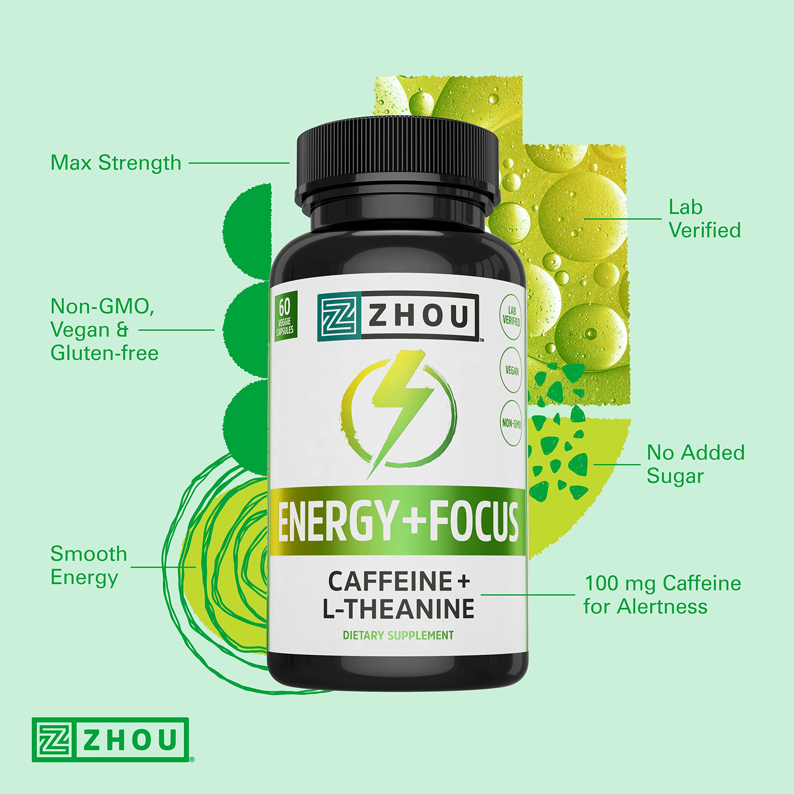 Zhou Energy + Focus - L Theanine Caffeine Pills, 200mg L-Theanine, 100mg Natural Anhydrous Caffeine Boost for Adults, Men & Women, Slow Extended Release - 60 Vegetarian Capsules (Pack of 1) ZHOUAu supplements