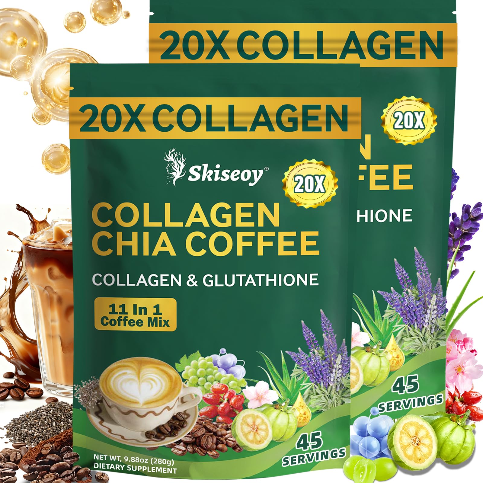 Skiseoy 20x Collagen Chia Coffee - 11-in-1 Coffee Shape Mix with L-Glutathione for Skin, Hair, Joints - Boost Energy and Focus, Vegan Friendly, 45 Servings SkiseoyAu supplements