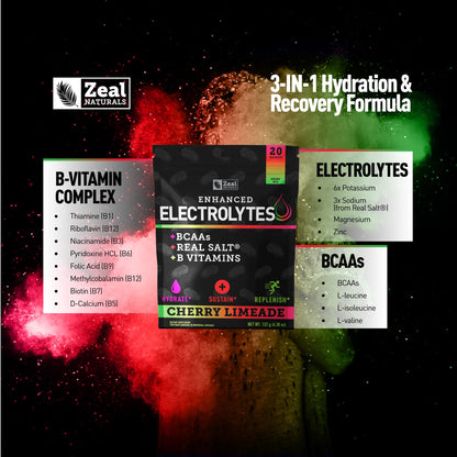 Enhanced Powder Stick Packs (Cherry Limeade- 20 Packets) Sugar Free + BCAA B Zeal NaturalsUS supplements