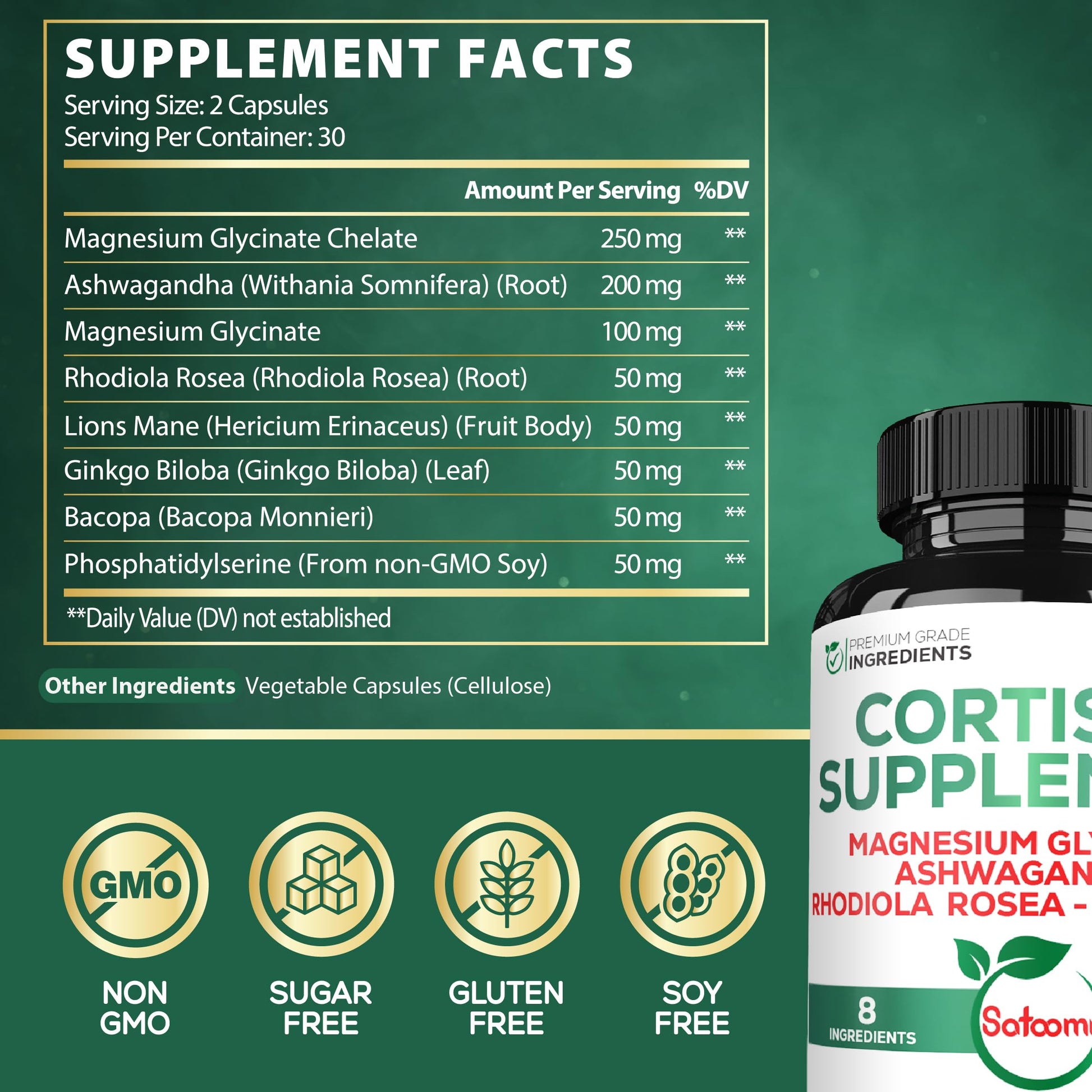 Satoomi 8in1 Cortisol Manager with Magnesium Glycinate, Ashwagandha, Rhodiola Rosea, Lions Mane & More - Cortisol Reducer Supplement Men & Women - 60 Capsules SatoomiAu supplements