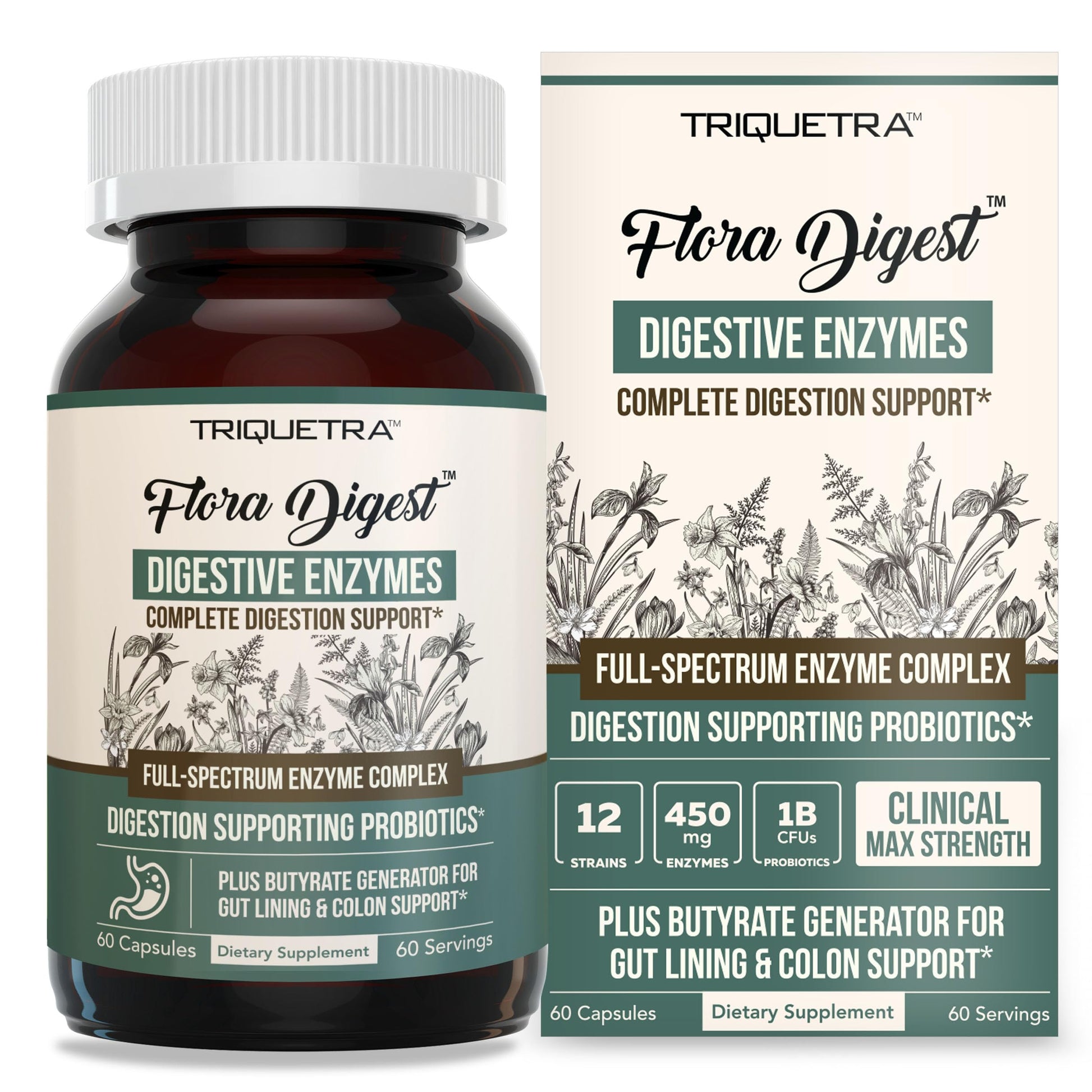 Flora Digest - 3-in-1 Max Strength Digestive Enzymes + Gut Surviving Probiotics & ButyraGen® Postbiotic for Optimal Digestion, Bloating Relief, Regularity, Gut Lining & Colon Support - (60 Capsules) Triquetra HealthAu supplements