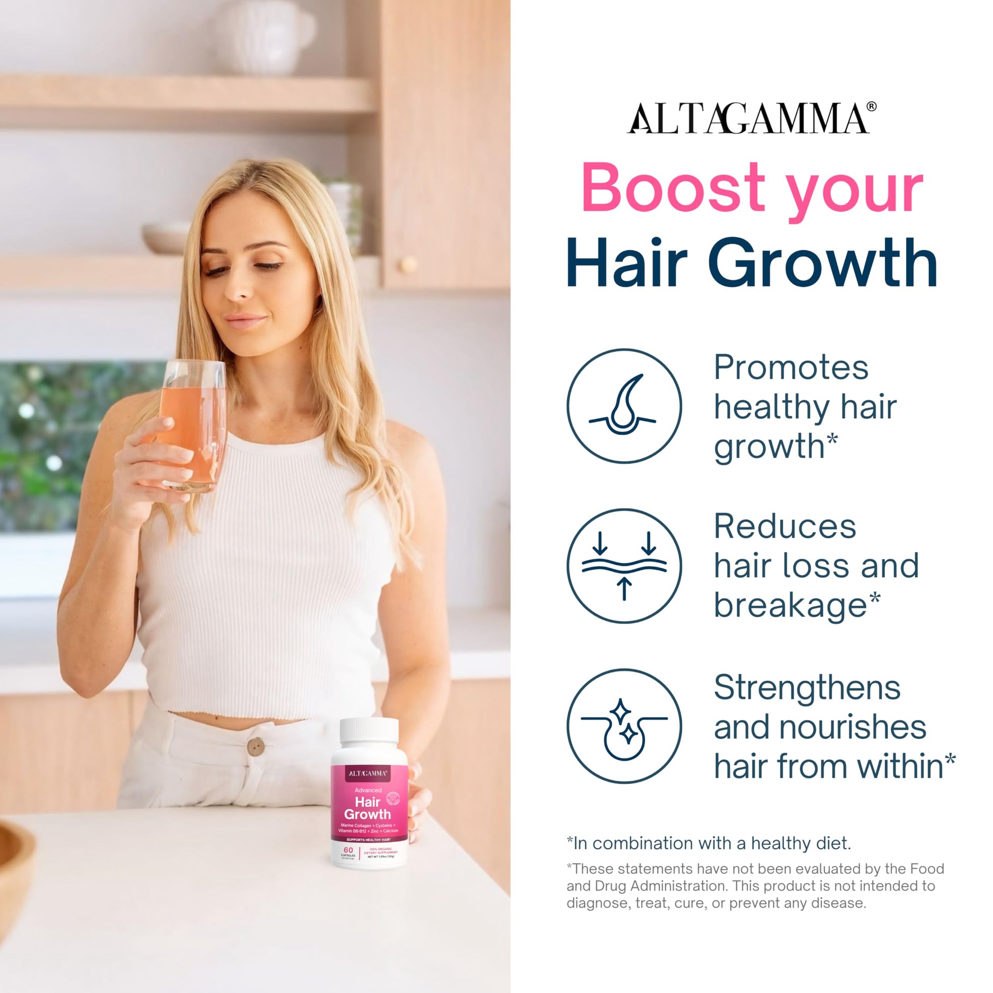 ALTAGAMMA Hair Growth Supplements - Nourishes Thinning, Strengthen Nails & Skin & Combat Hair Loss - Hair Growth Vitamins for Women & Men with Marine Collagen Peptides, 60 Capsules | 30 Day Supply ALTAGAMMAAu supplements