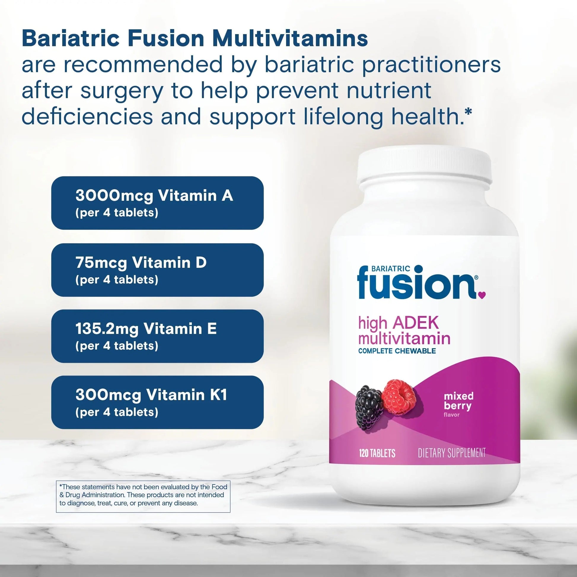 Bariatric Fusion Chewable Multivitamin with High ADEK Vitamins | Multi for Duodenal Switch Patients | Mixed Berry Flavored Tablets | Bariatric FusionAu supplements