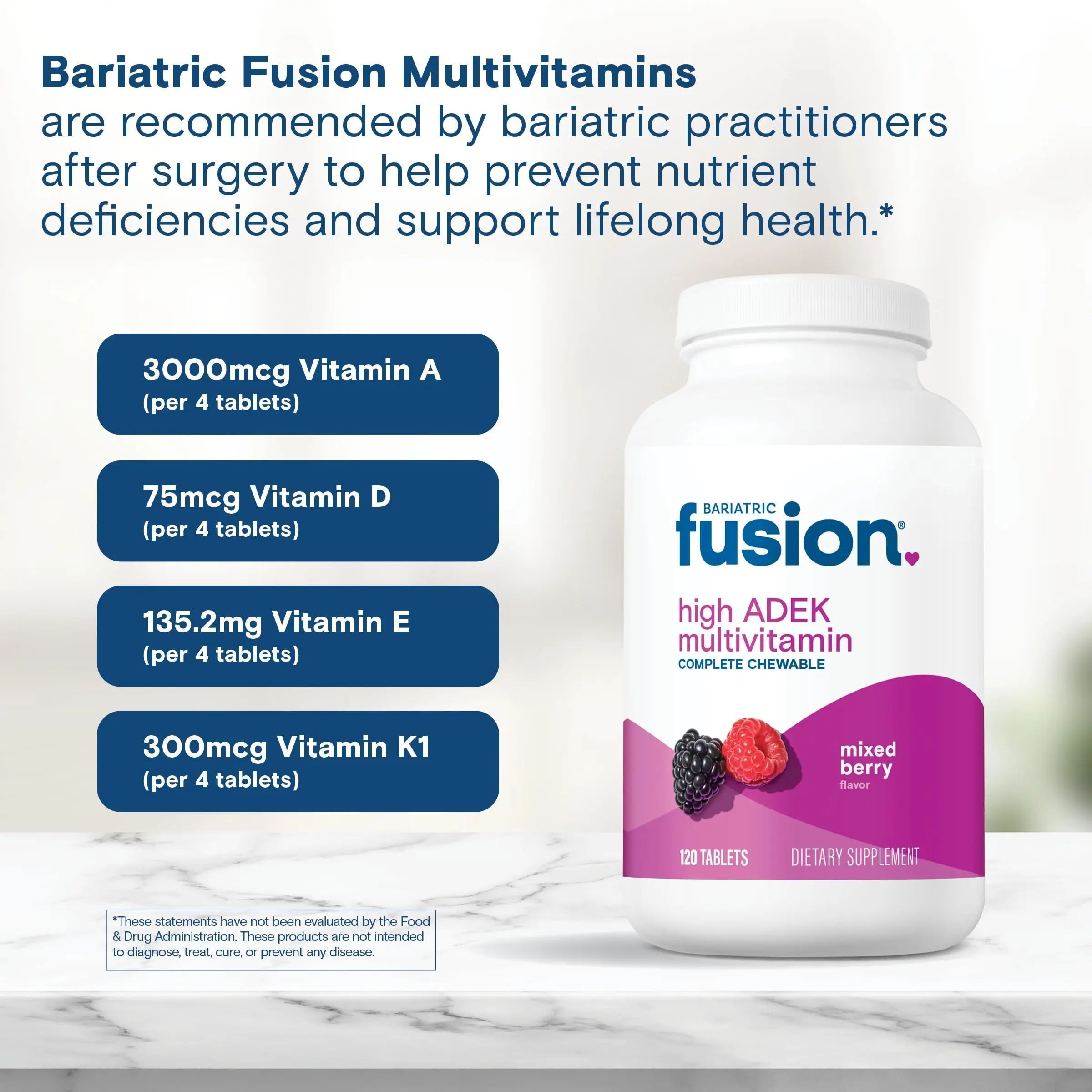 Bariatric Fusion Chewable Multivitamin with High ADEK Vitamins | Multi for Duodenal Switch Patients | Mixed Berry Flavored Tablets | Bariatric FusionAu supplements