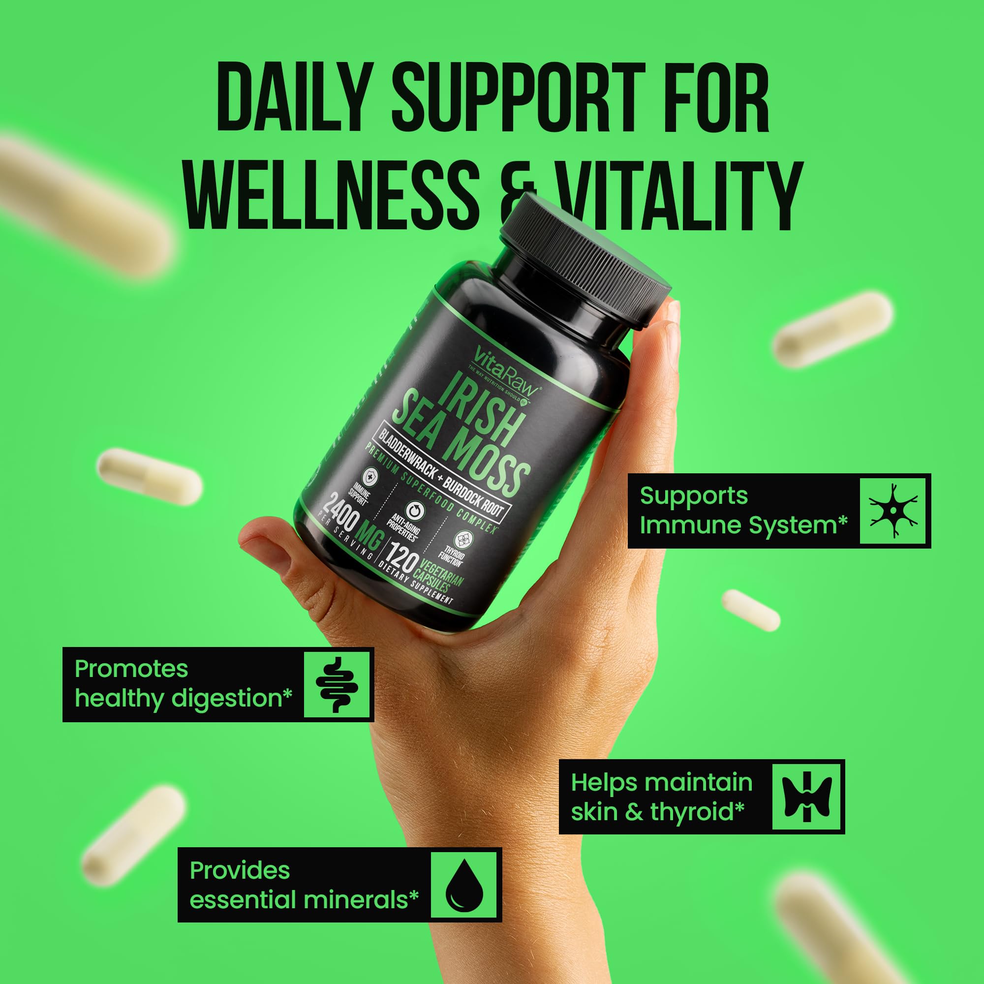 VitaRaw Organic Irish Sea Moss Capsules 2400 mg - Burdock Root and Bladderwrack Powder Real Seamoss Pills for Immune Support, Joint and Gut Health Help - Raw Sea Moss Advanced Herbal Supplement VitaRawAu supplements