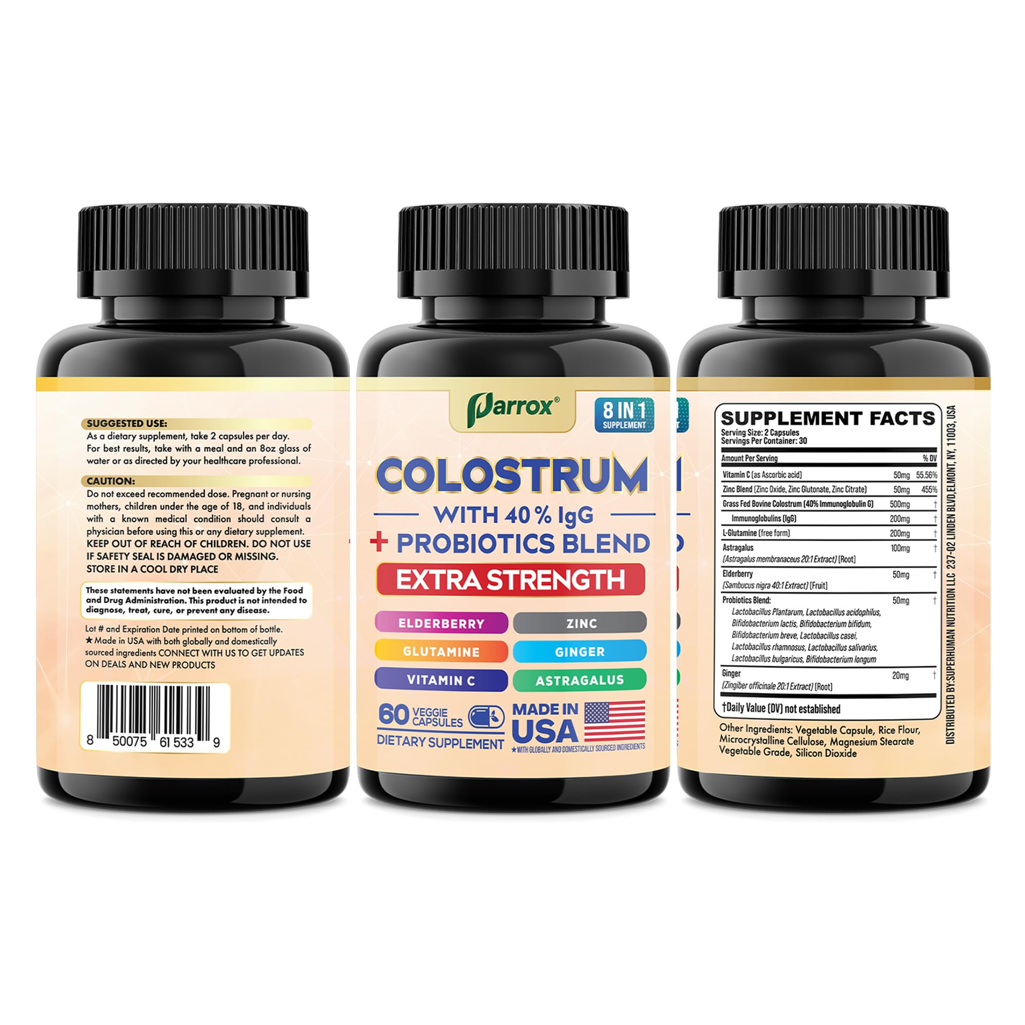Parrox Colostrum Supplement Capsules, Grass Fed Cow Colostrum with 40% IgG, Probiotics Blend, Elderberry, Astragalus, Zinc, Ginger, Vitamin C, L-Glutamine, 8 in 1 Extra Strength Bovine Boost (60 Caps) ParroxAu supplements