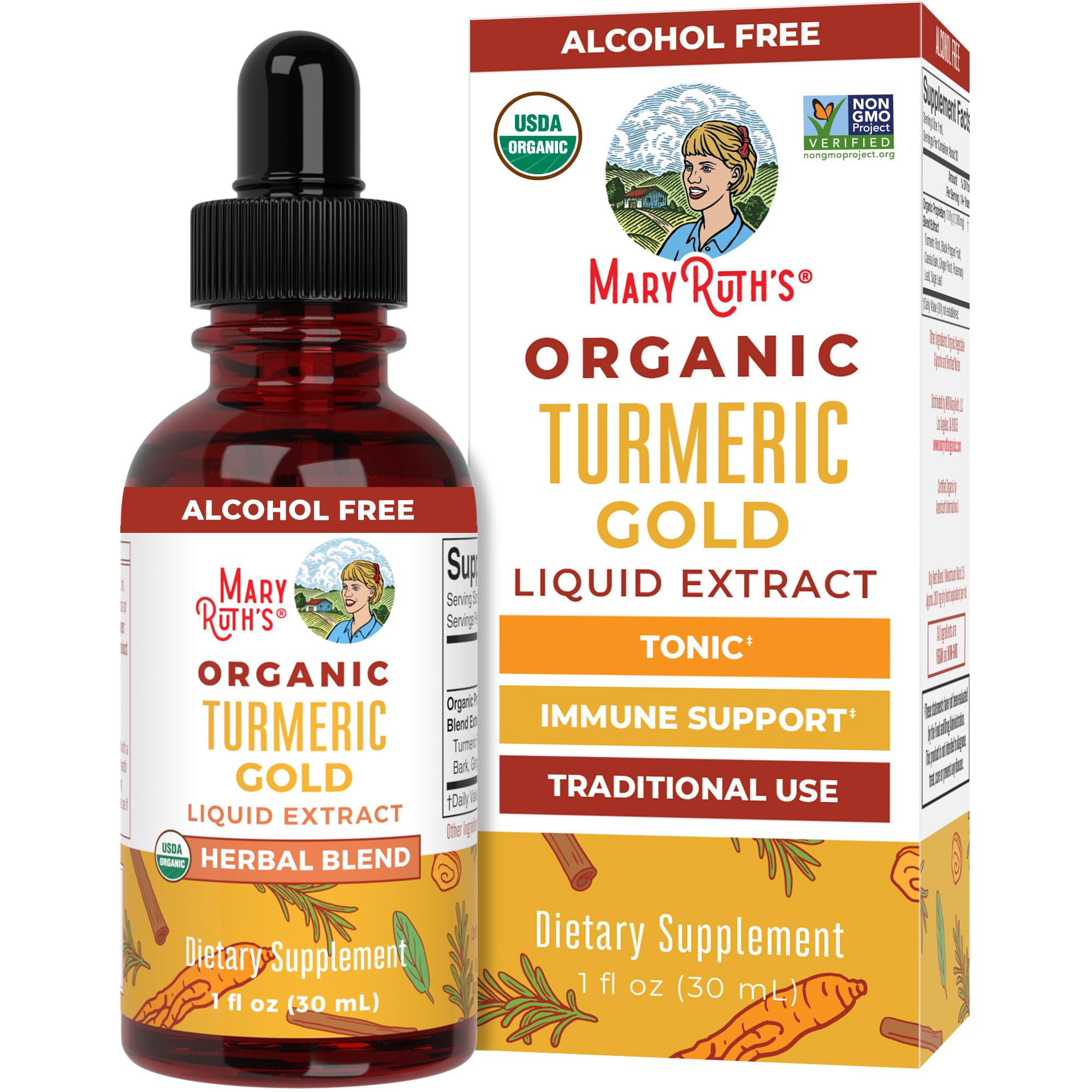 MaryRuth Organics USDA Turmeric Gold Liquid Drops | Herbal Blend | Turmeric Curcumin | Black Pepper | Cassia Cinnamon Bark | Ginger Root | Immune Support | Non-GMO Project Verified | Vegan | 1oz MARYRUTH'SUS supplements