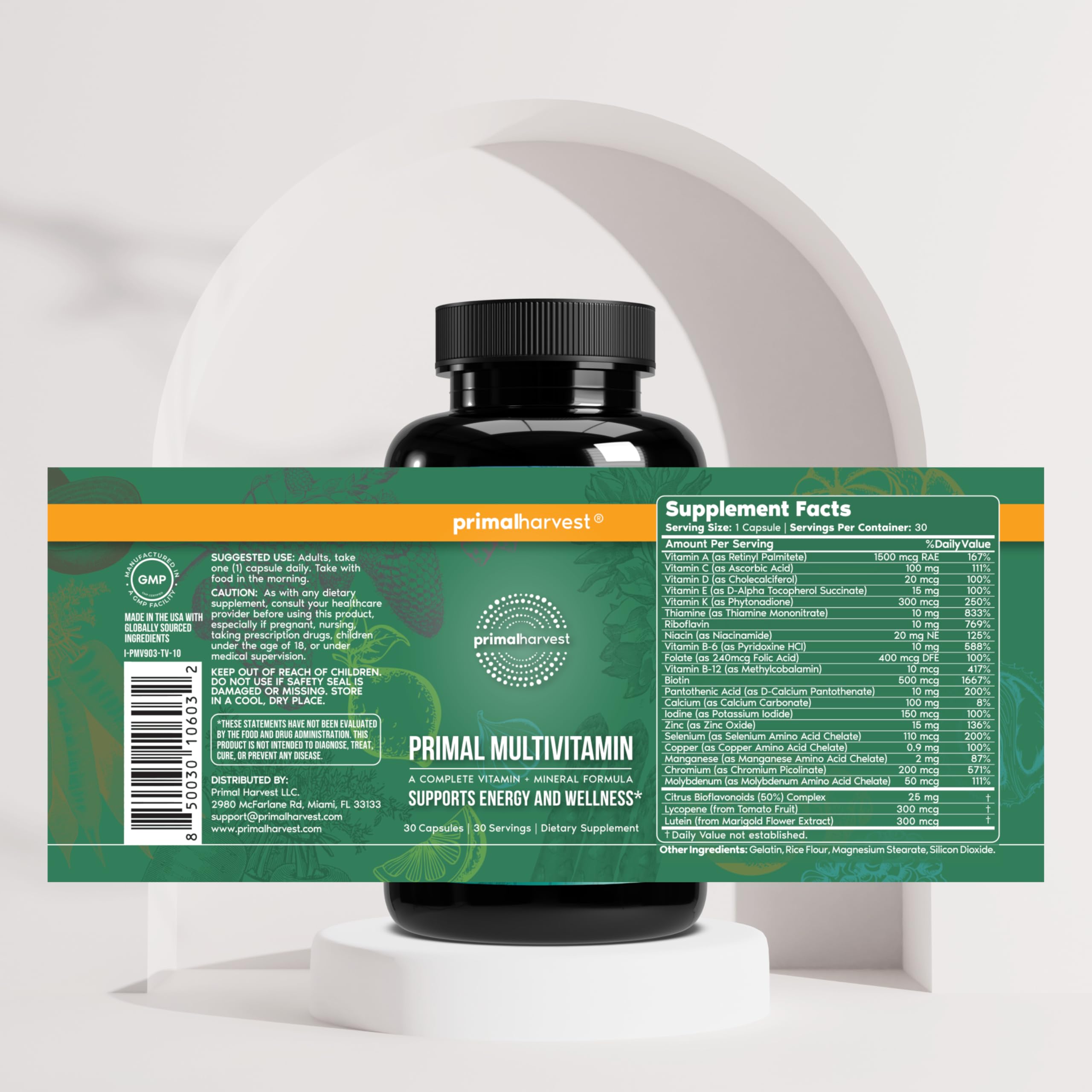Primal Harvest Primal Multivitamin - Daily Multi-Vitamin Supplement with 21 Essential Vitamins & Minerals for Women & Men - Vitamin A, C, D, E, B12, B6