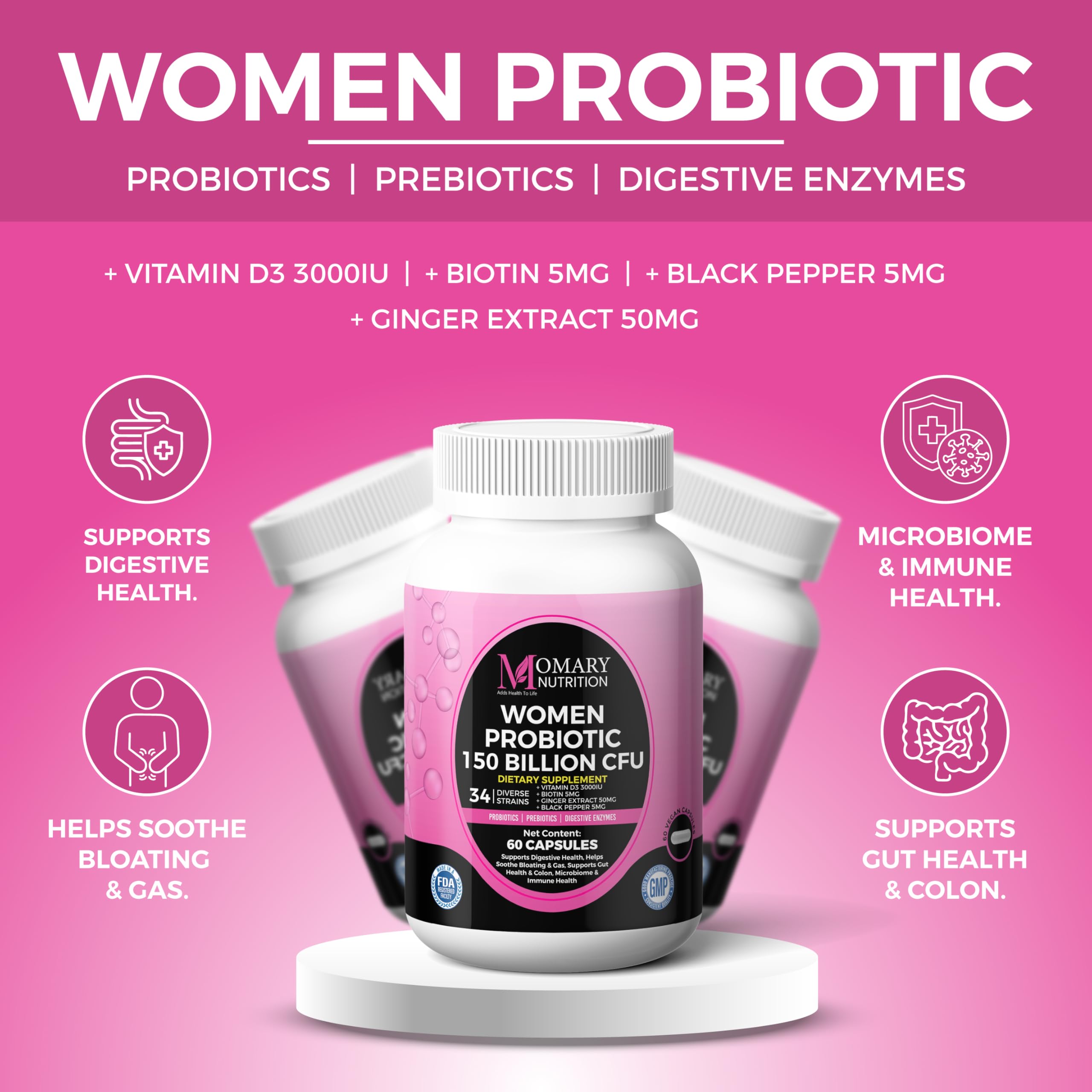 9-in-1 Bio Cultures Complex for Women – 150 Billion CFU Probiotics with 34 Diverse Strains, Organic Prebiotics, Postbiotics, Digestive Enzymes & Biotin – Supports Digestive Balance & Gut Microbiome MOMARY NUTRITIONAu supplements