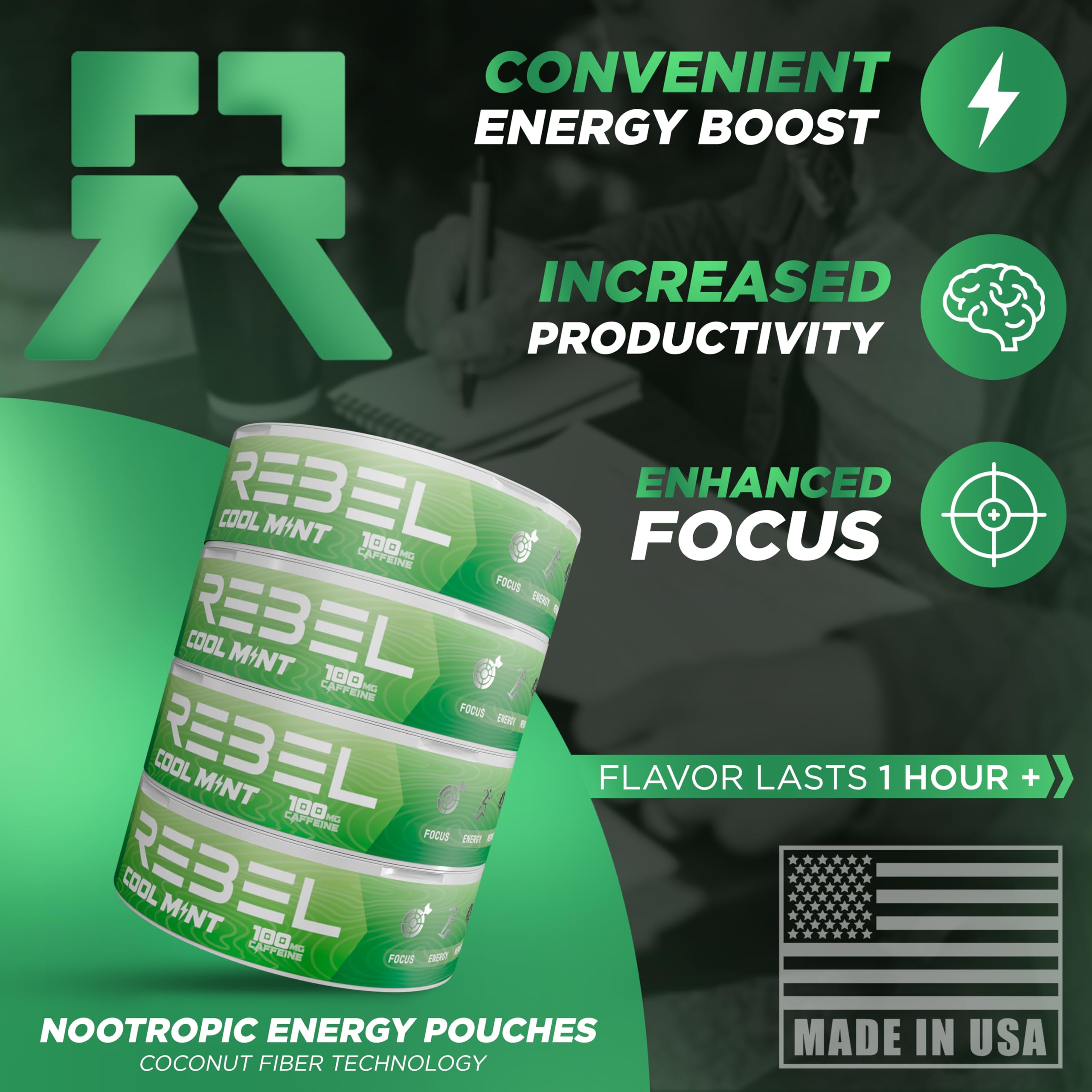 Rebel Nootropic Energy Caffeine Pouches (Cool Mint) • 100mg Caffeine • Alpha GPC • Huperzine A & Essential Vitamins • Sugar-Free • Coconut Fiber Technology • 15 Pouches Per Can (Pack of 4) Rebel SupplementsAu supplements