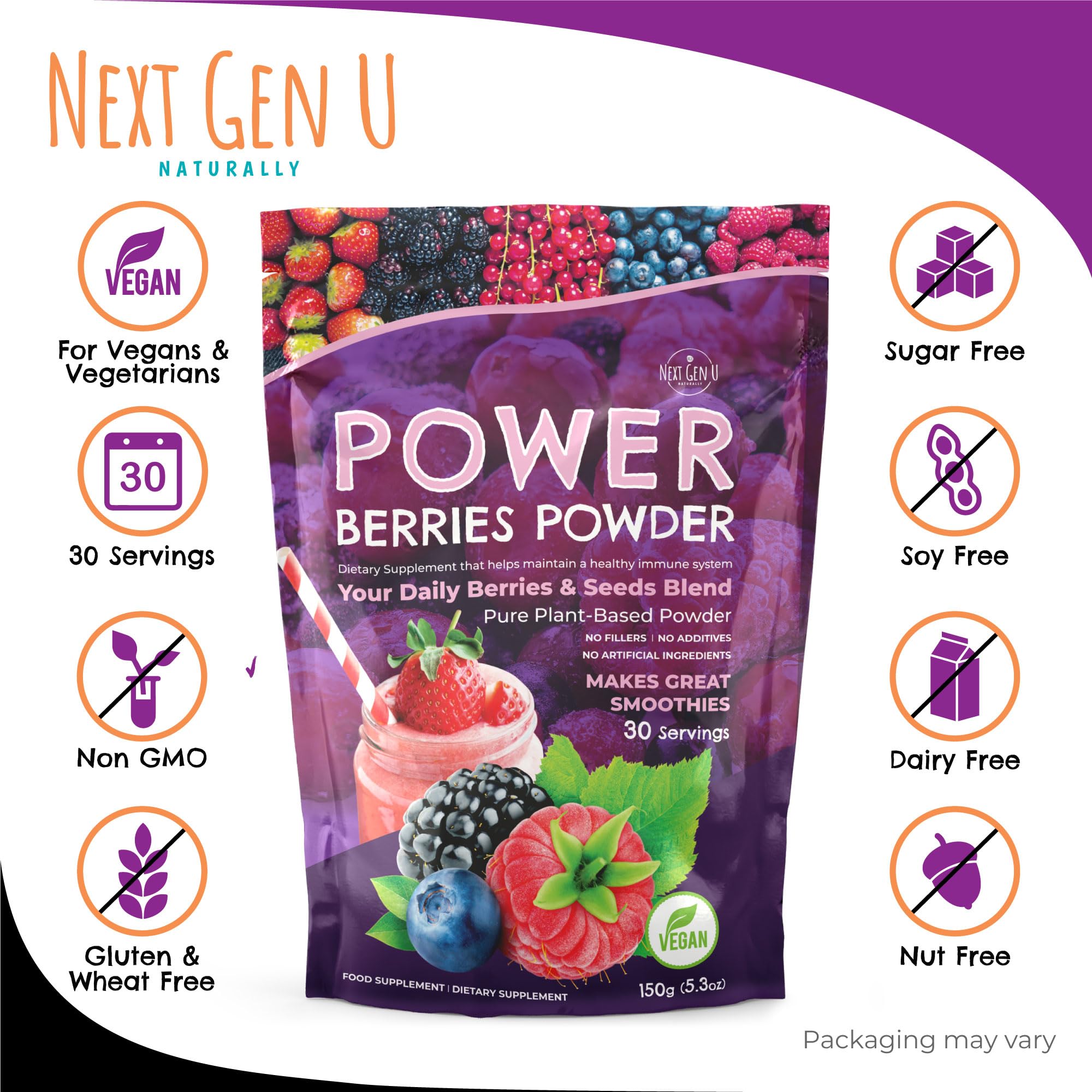 Super Berry Powder - 150g - Immune Support - Food Supplement - Superfood Berries - Smoothie Mix for Shakes - Healthy Boost for Detox Juice Beverages or Any Drink - by NextGenU NGU Next Gen UAu supplements