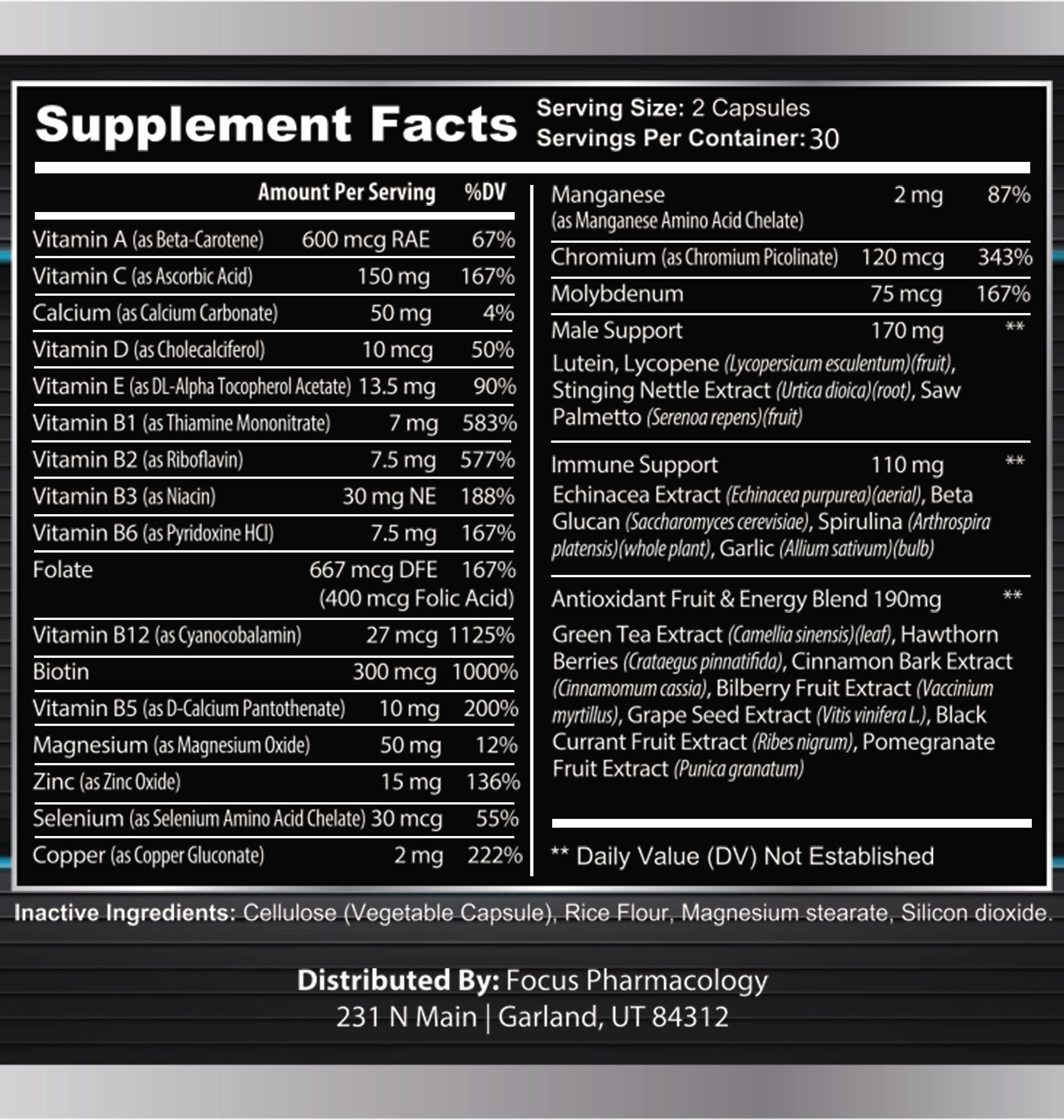Focus Pharmacology Men's Daily Super Multi-Vitamin for Men - 60 Ct Blend of Vitamins, Minerals, Plus Herbs for Prostate Health and General Energy/Focus Focus PharmacologyAu supplements