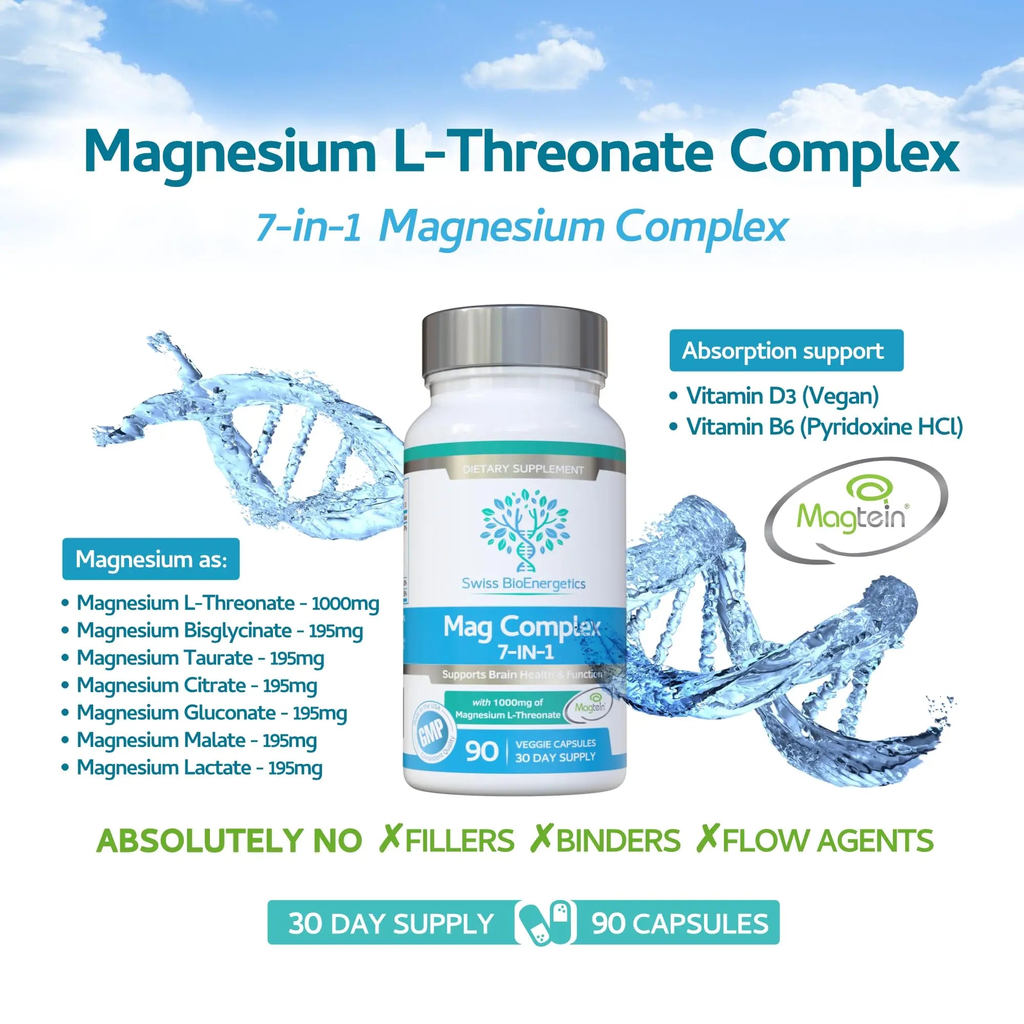 Magnesium L-Threonate Complex 7-in-1 with 1000mg of Magtein Plus Magnesium as Bisglycinate, Taurate, Citrate, Gluconate, Malate & Lactate - Supports Sleep - Vegan, US Made and No Artificial Nasties swiss bioenergeticsnz supplements