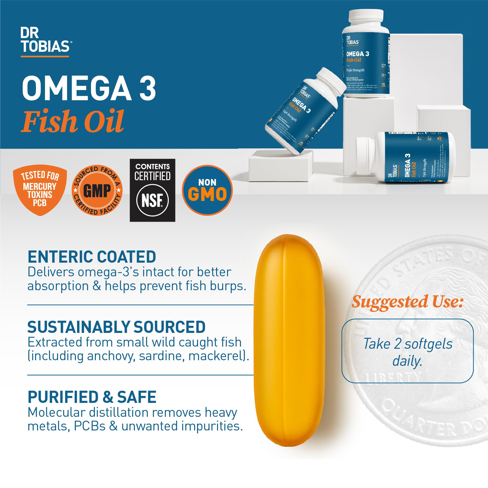 Dr. Tobias Omega 3 Fish Oil 2000mg Triple Strength with 800mg EPA 600mg DHA Per Serving | Fish Oil Omega 3 Supplements for Heart Brain & Immune Support - 180 Softgels (90 Servings) Dr. TobiasAu supplements
