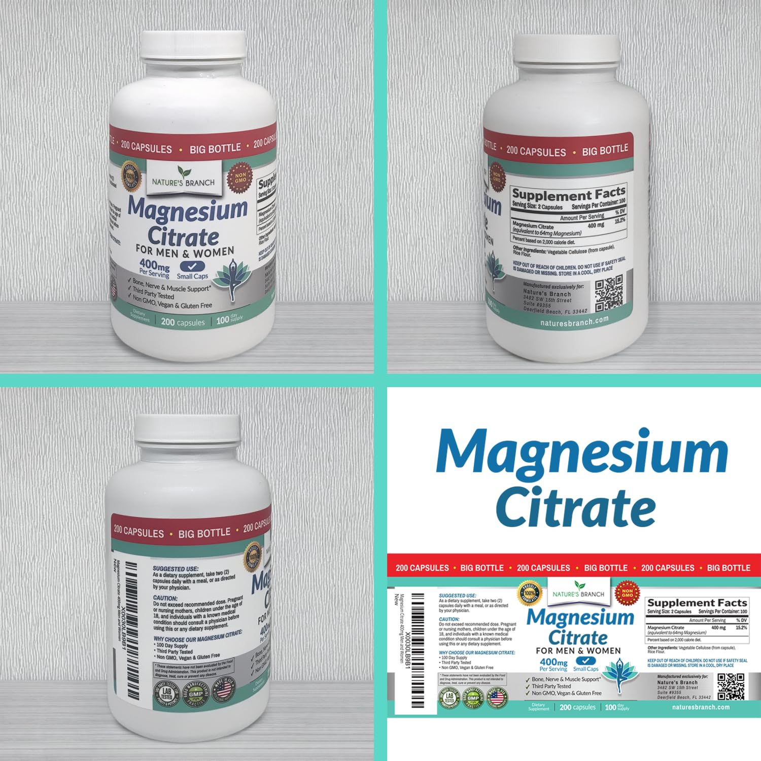 Magnesium Citrate 400mg | 200 Capsules, High Absorption for Sleep, Relax, Leg Cramps, Energy, Extra Strength Easy to Swallow Small Pills for Women & Men, Vegan Supplement for Digestion, Not Tablets NATURE'S BRANCHAu supplements