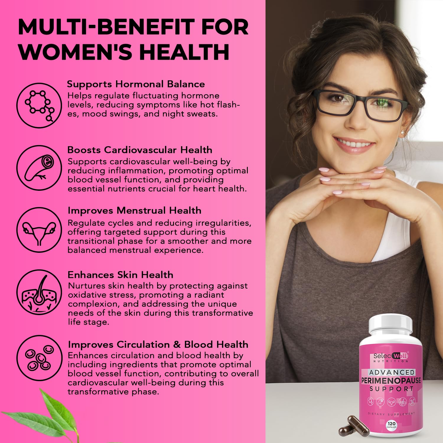 Perimenopause & Menopause Support Supplement for Women – Multi‑Symptom Relief with Black Cohosh & Red Clover Isoflavones | Ashwagandha Adaptogen & Herbal Blend | Hormone Balance Support | 120 Capsules SelecWellAu supplements