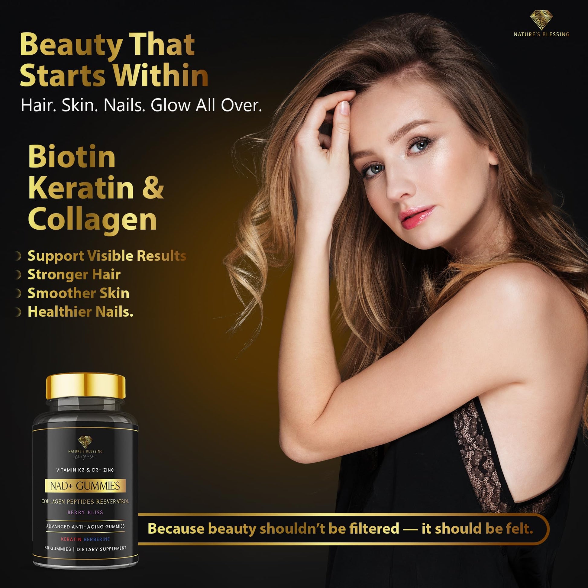 Nature's Blessing NAD+ Anti-Aging Gummies – Boost Cellular Repair, Brain Clarity & Radiant Skin – with Biotin, Collagen, Resveratrol, Vitamin D3, K2, Zinc & Keratin – Delicious Berry Bliss Nature's BlessingAu supplements