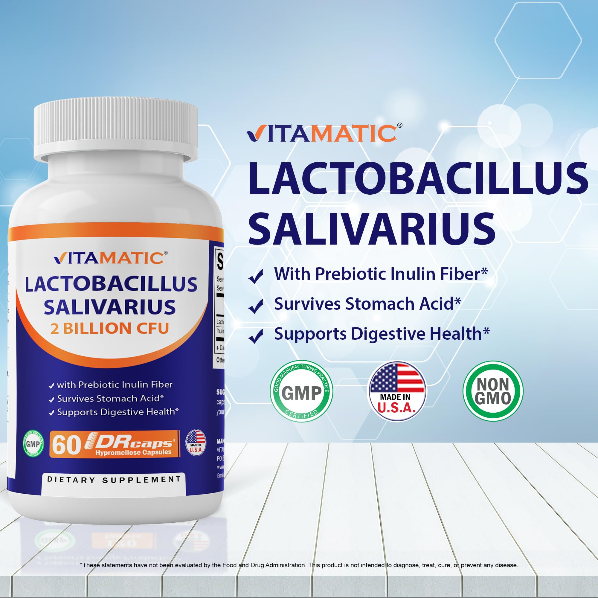 Vitamatic Lactobacillus Salivarius 2 Billion per DR Capsule - 60 Count - Digestive Support VitamaticUS supplements