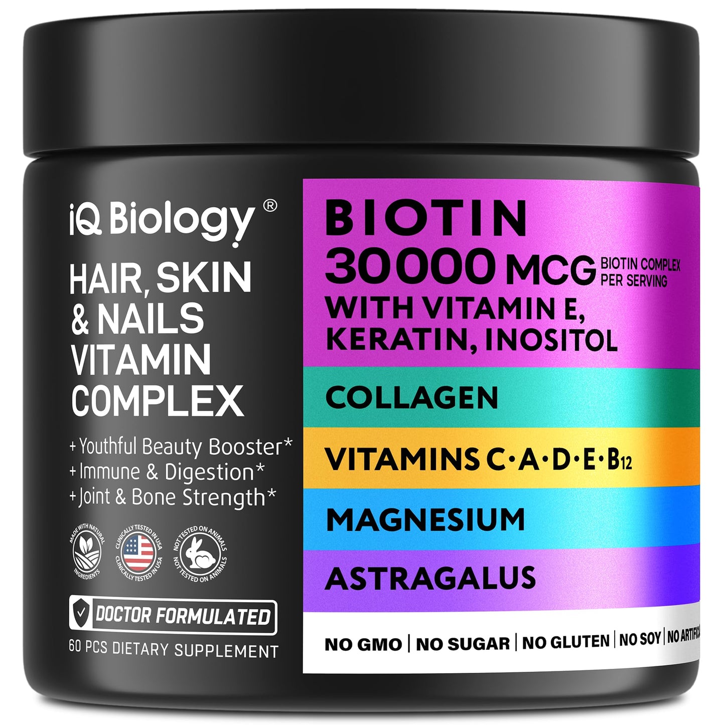 IQ BIOLOGY Biotin Collagen Keratin Astragalus Magnesium Ashwagandha Vitamin D3 Vitamin C IQ BIOLOGYUS supplements