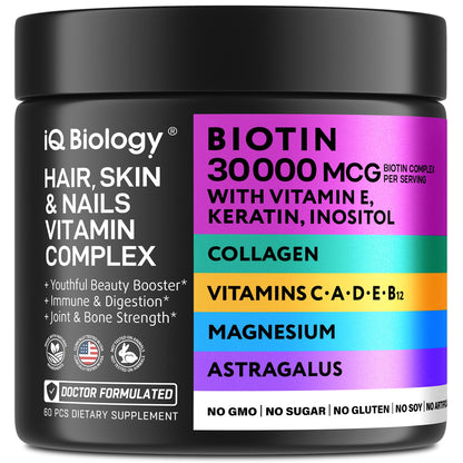 IQ BIOLOGY Biotin Collagen Keratin Astragalus Magnesium Ashwagandha Vitamin D3 Vitamin C IQ BIOLOGYUS supplements