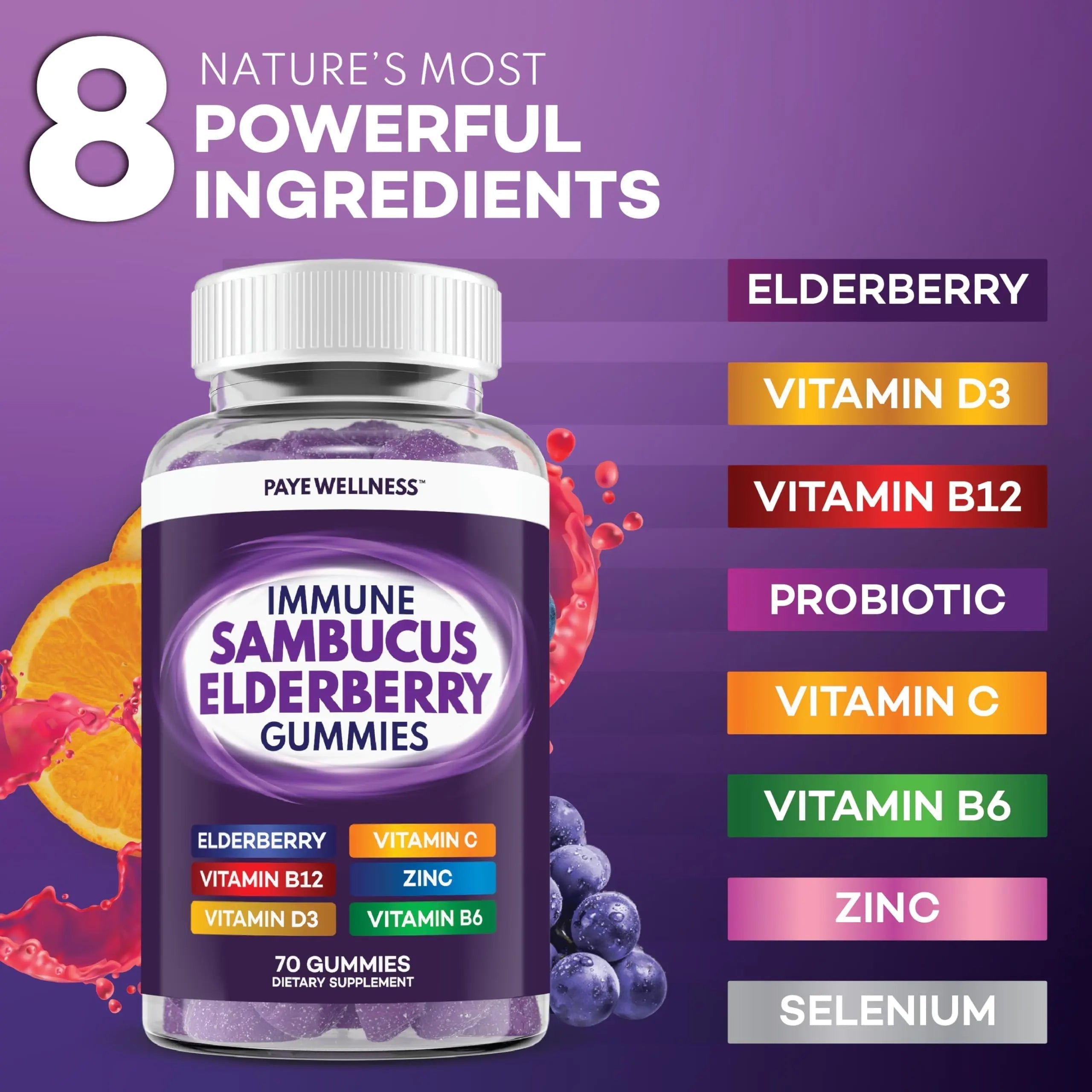 Elderberry Gummies Immune Support, Daily Support for Kids and Adults*, with Sambucus Elderberry, Zinc, Vitamin C, D3, B6, B12, Plus PAYÉAu supplements