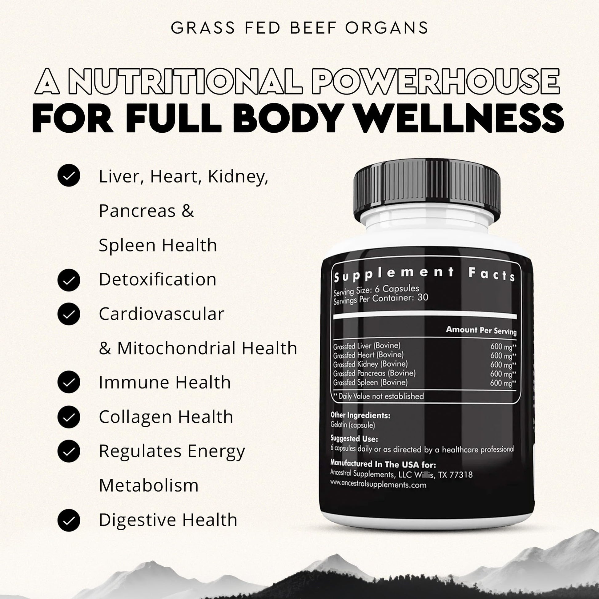 Ancestral Supplements Grass Fed Beef Organ Supplement, Supports Whole Body Wellness with Proprietary Blend of Liver, Heart, Kidney, Pancreas, Spleen, Freeze-Dried Beef, Non-GMO, 180 Capsules Ancestral SupplementsAu supplements