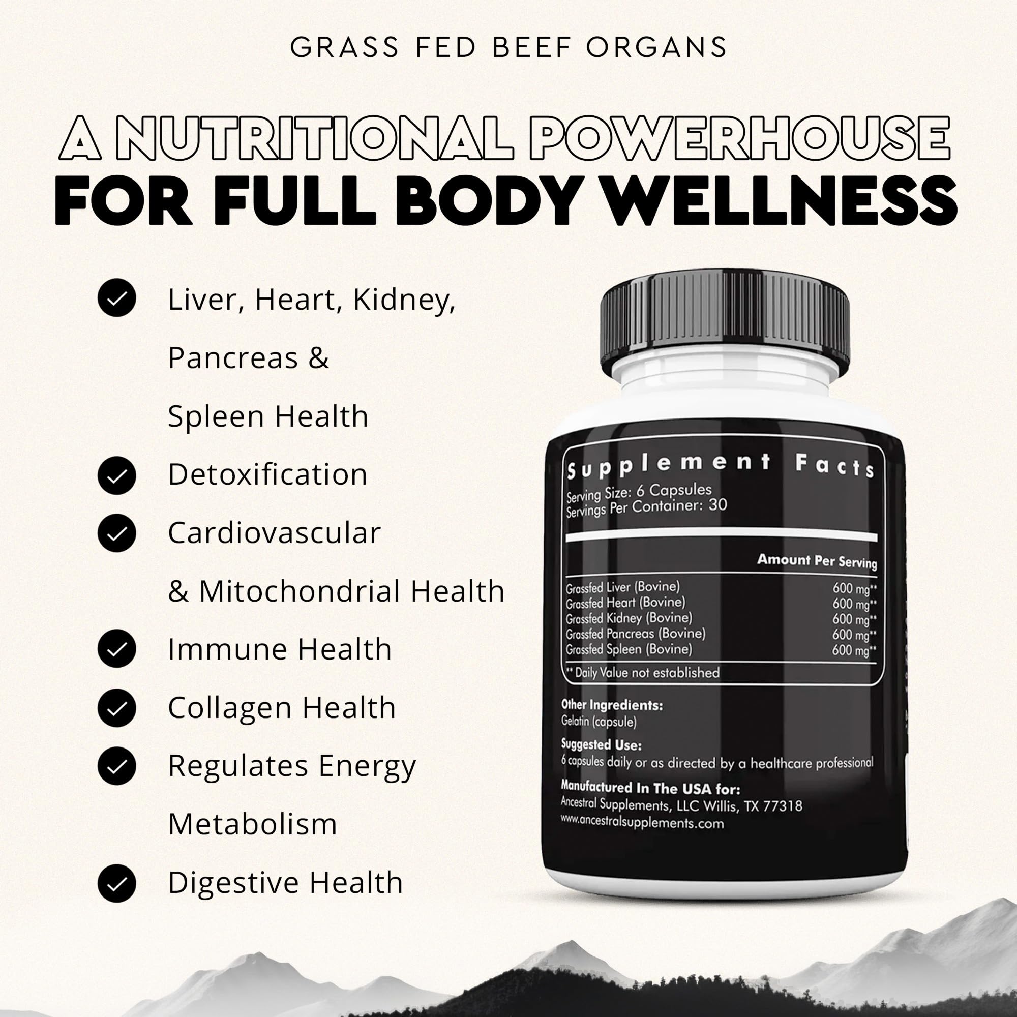 Ancestral Supplements Grass Fed Beef Organ Supplement, Supports Whole Body Wellness with Proprietary Blend of Liver, Heart, Kidney, Pancreas, Spleen, Freeze-Dried Beef, Non-GMO, 180 Capsules Ancestral SupplementsAu supplements