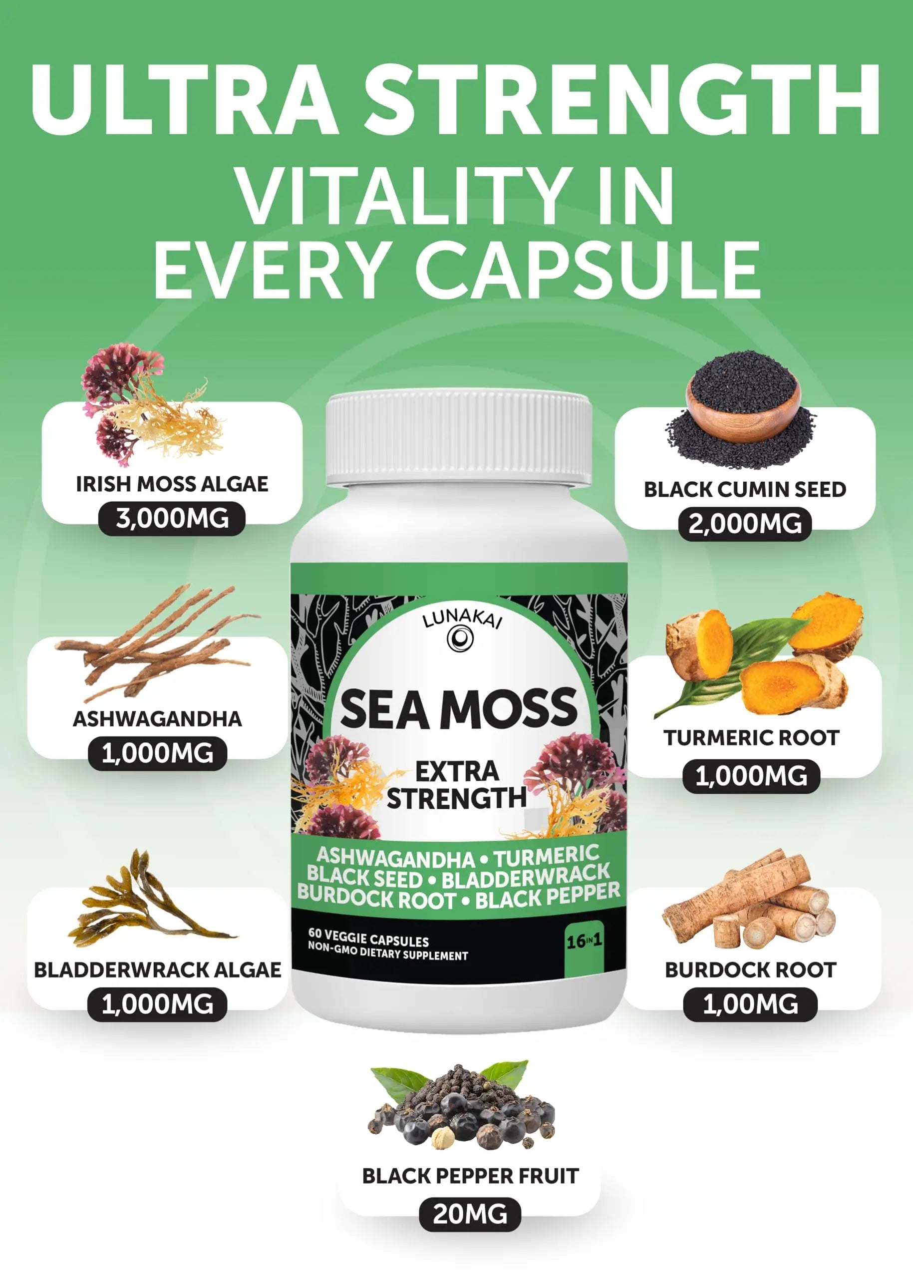 Lunakai USA Made Superfood Fruits & Veggies Supplement & Irish Sea Moss Bundle with 4 Blends, Black Seed Oil & Ashwagandha for Immune & Wellness Support Lunakainz supplements