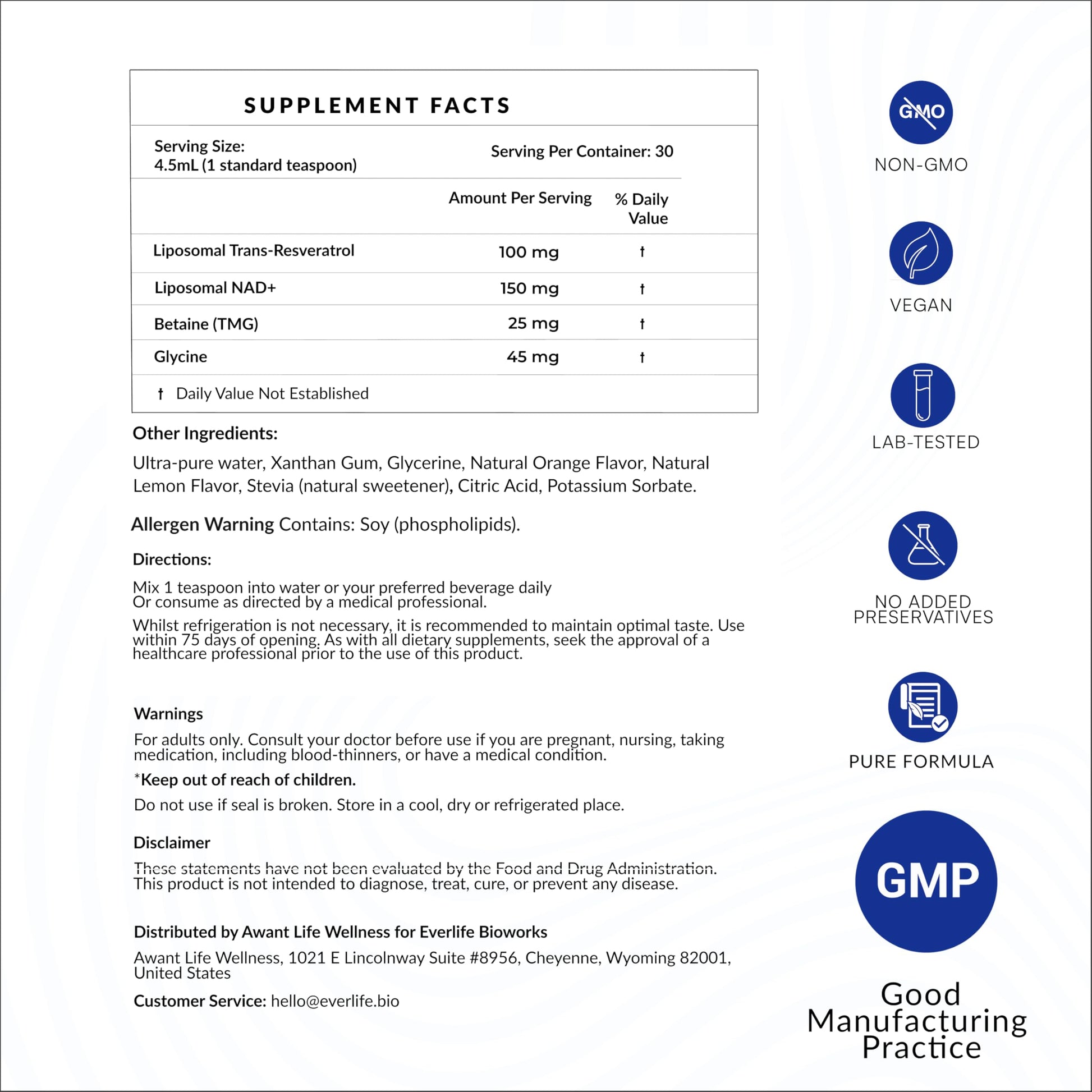 Everlife Liposomal NAD+ Liquid Supplement – 150mg Shot with Liposomal Trans-Resveratrol, TMG & Glycine – Boosts Energy, Cellular Repair, Healthy Aging & Longevity – NMNH Alternative – 30 Servings EverlifeAu supplements