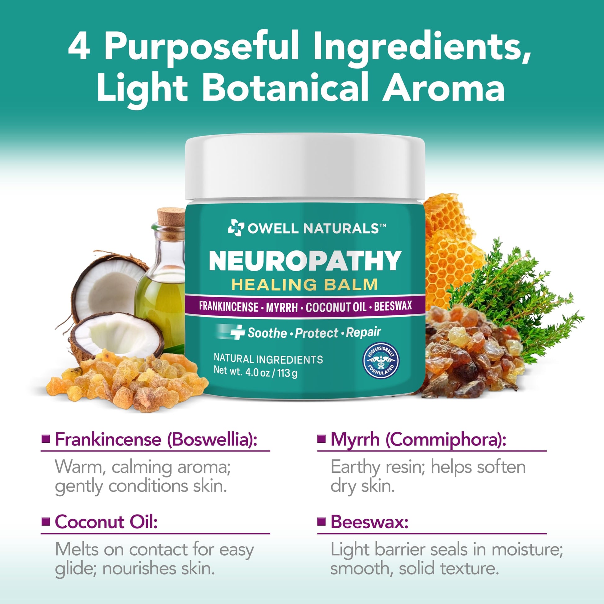 OWELL NATURALS Neuropathy Healing Balm, Fast Acting, with Frankincense, Myrrh, Coconut Oil & Beeswax, Natural Ingredients – Soothe, Protect & Repair, 4 oz (Pack of 1) Owell NaturalsAu supplements