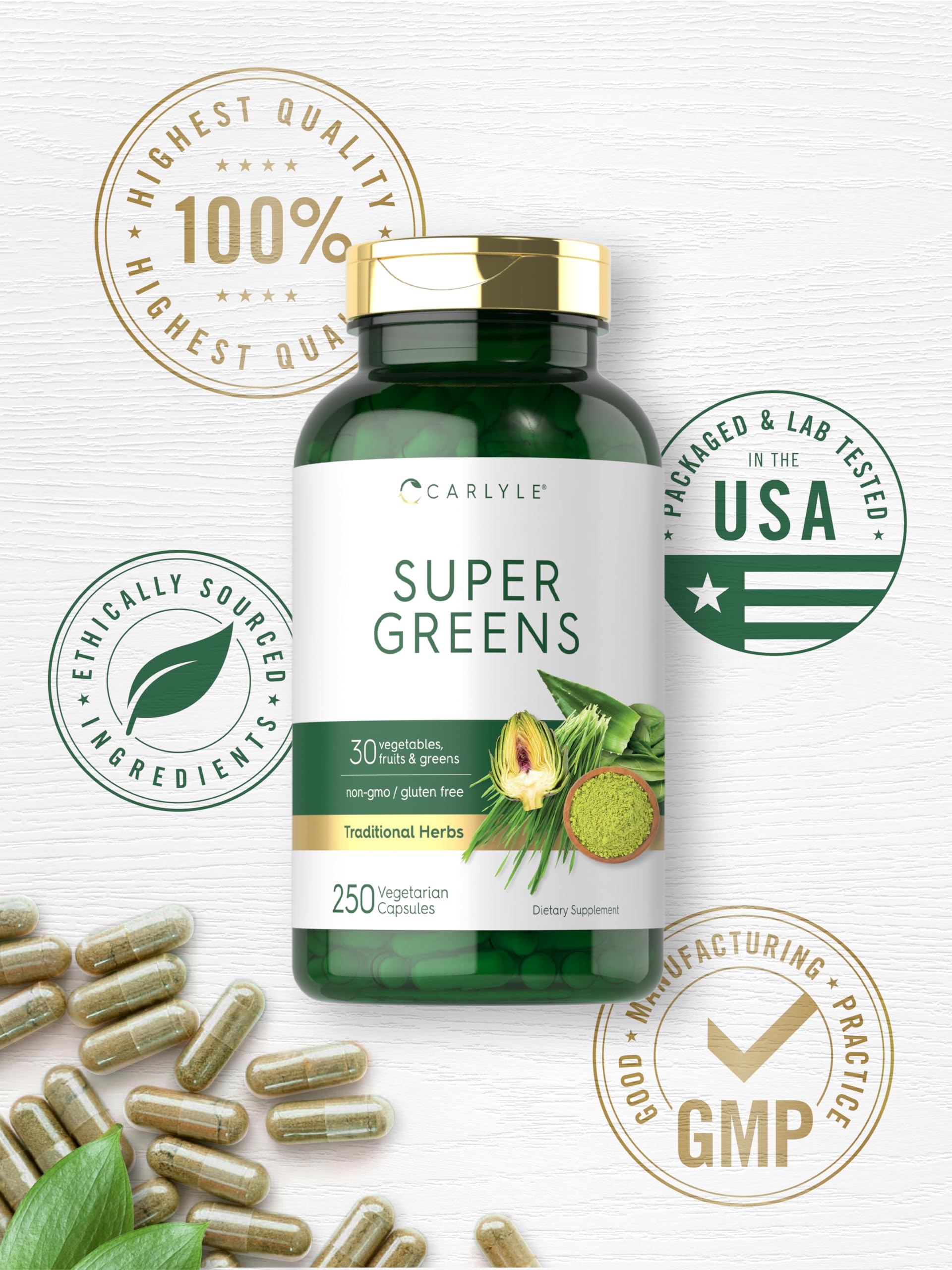 Carlyle Super Greens Capsules | 250 Count | Blend of 13 Vegetables and Greens Plus 17 Fruits | Non-GMO & Gluten Free Supplement CarlyleAu supplements