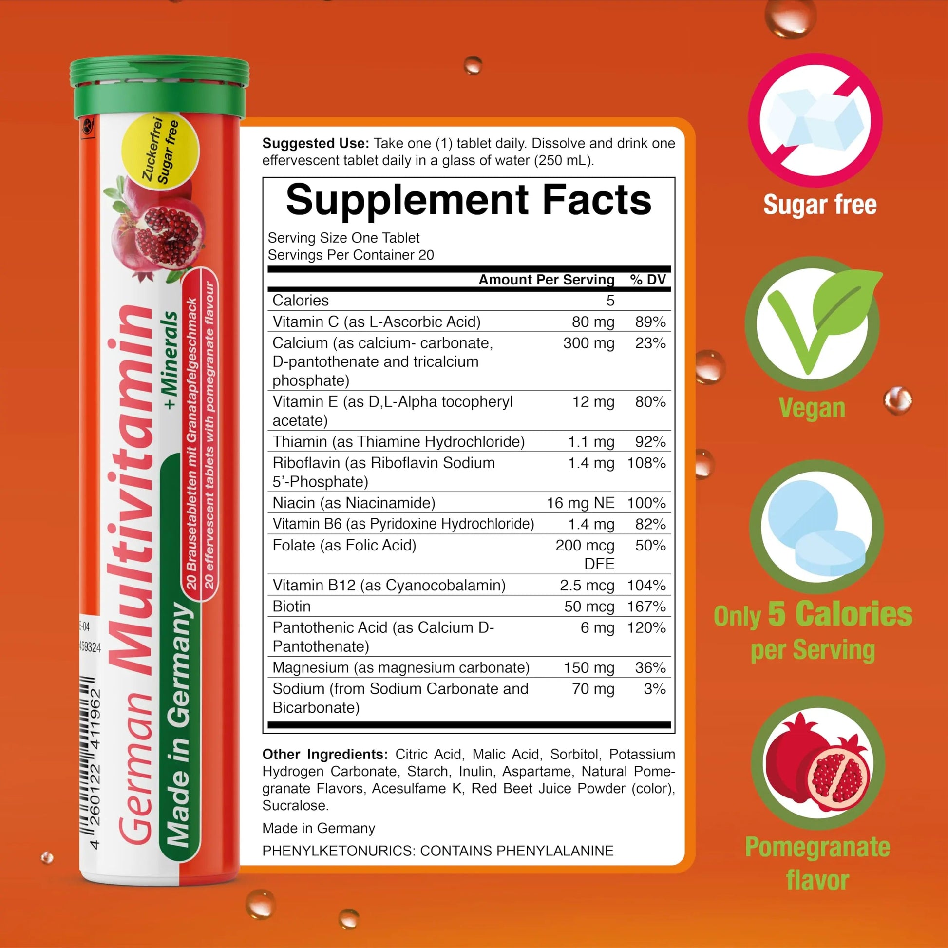 T&D German Multvitamin + Minerals 10 Vitamins 2 Minerals - 100 Vegan Drink Effervescent Tablets - Pomegranate Flavor T&DAu supplements