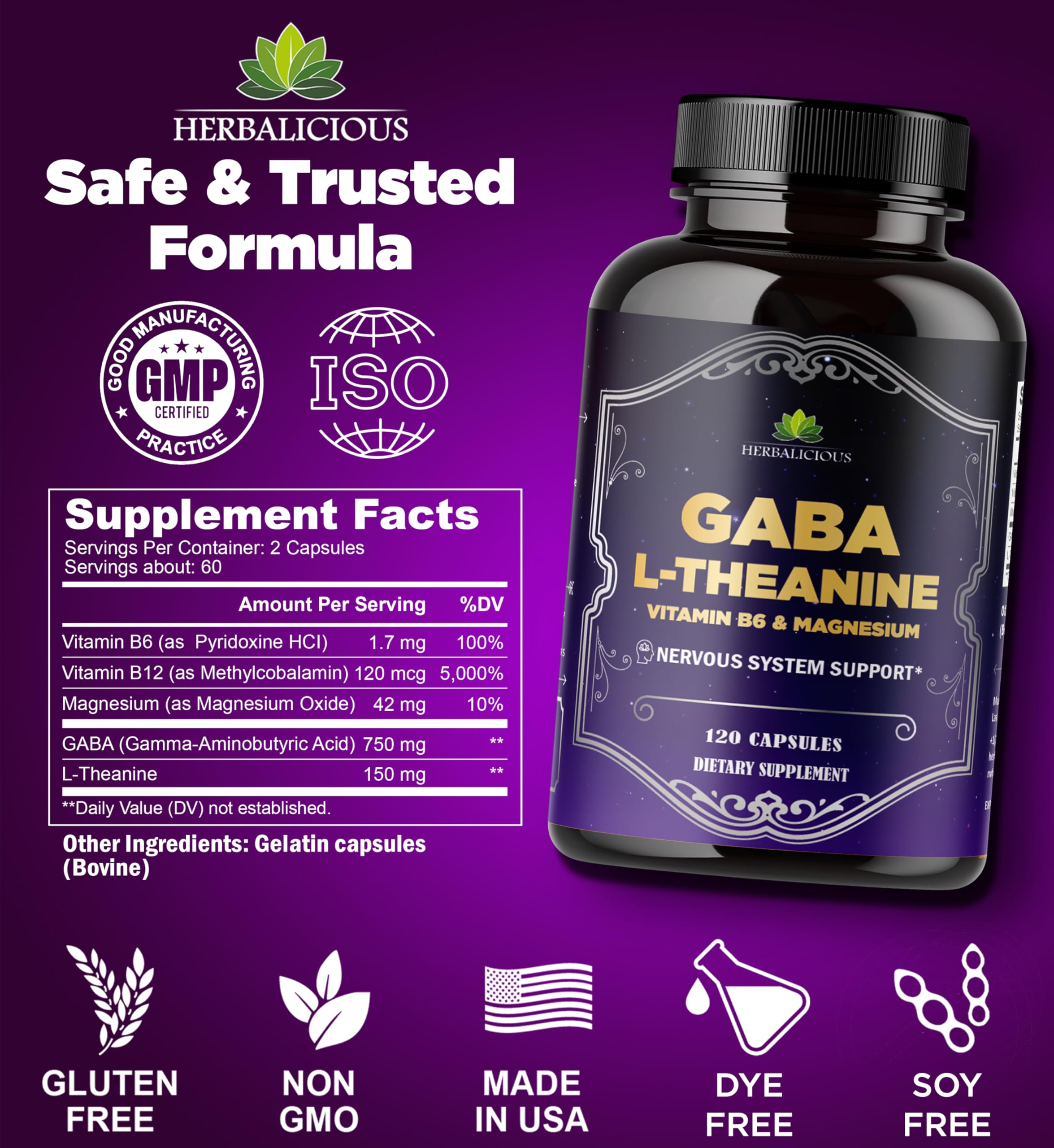 HERBALICIOUS GABA L-Theanine with Magnesium – Calm & Focus Support, Stress Relief, Relaxation + Mood Balance, Brain & Memory Support Supplement – Vitamin B6 + B12 Complex – 120 Capsules HERBALICIOUSAu supplements