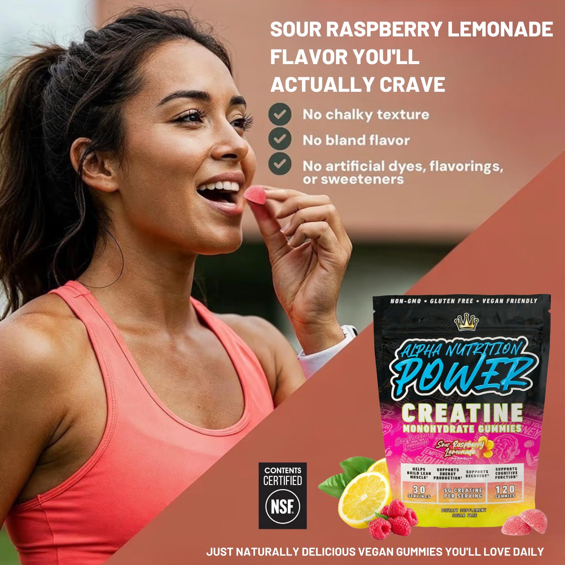 Creatine Monohydrate Gummies 5g - Raspberry Lemonade Flavored Creatine for Women and Men - Supplement for Muscle Gain, Strength, Energy, Cognitive Health, Pre and Post Workout, Recovery, (120 Gummies) Alpha Nutrition PowerAu supplements
