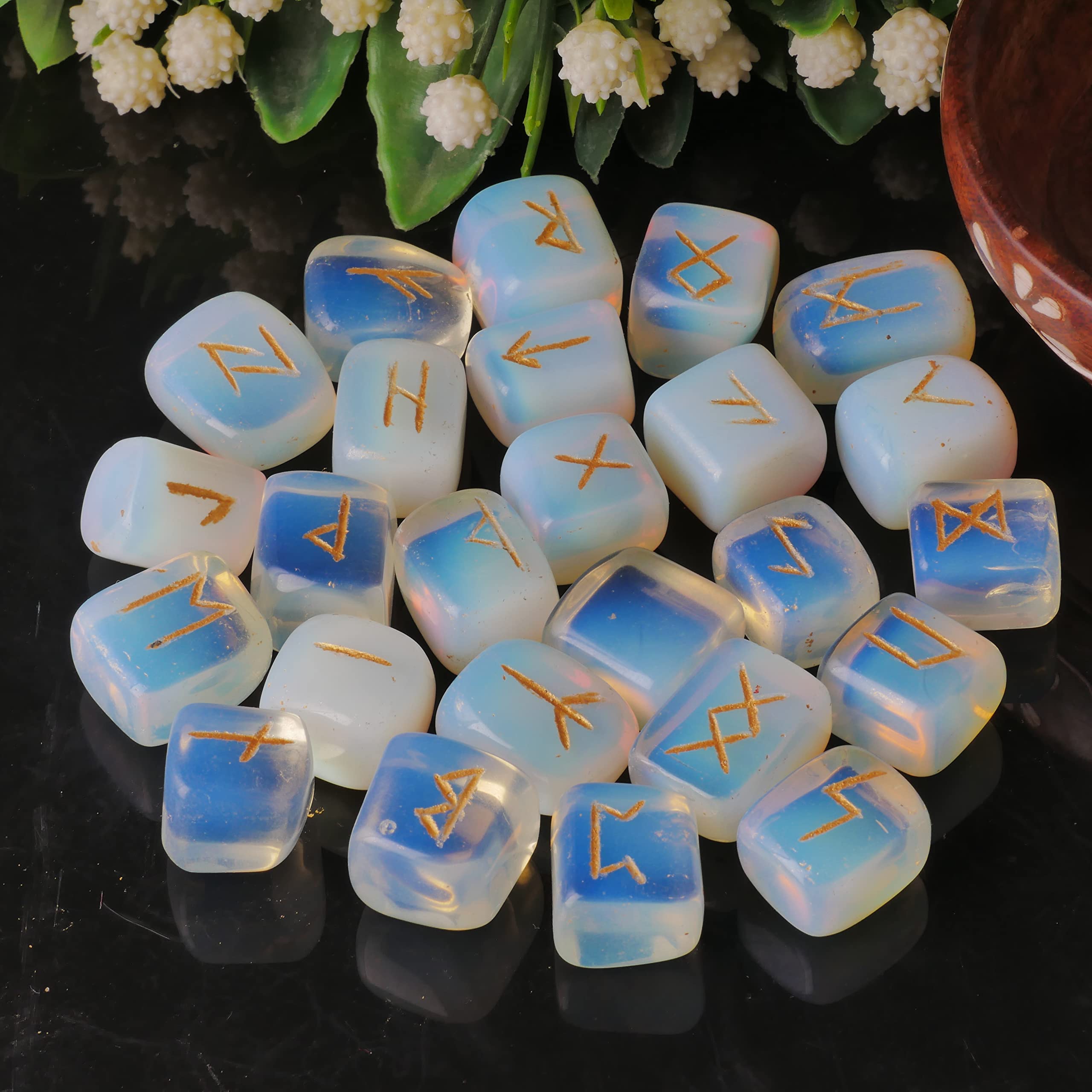 Opalite Rune Stone - Rune Set - Engraved Elder Futhark Alphabet Symbols - Witchcraft Crystals QUIPSAAu supplements