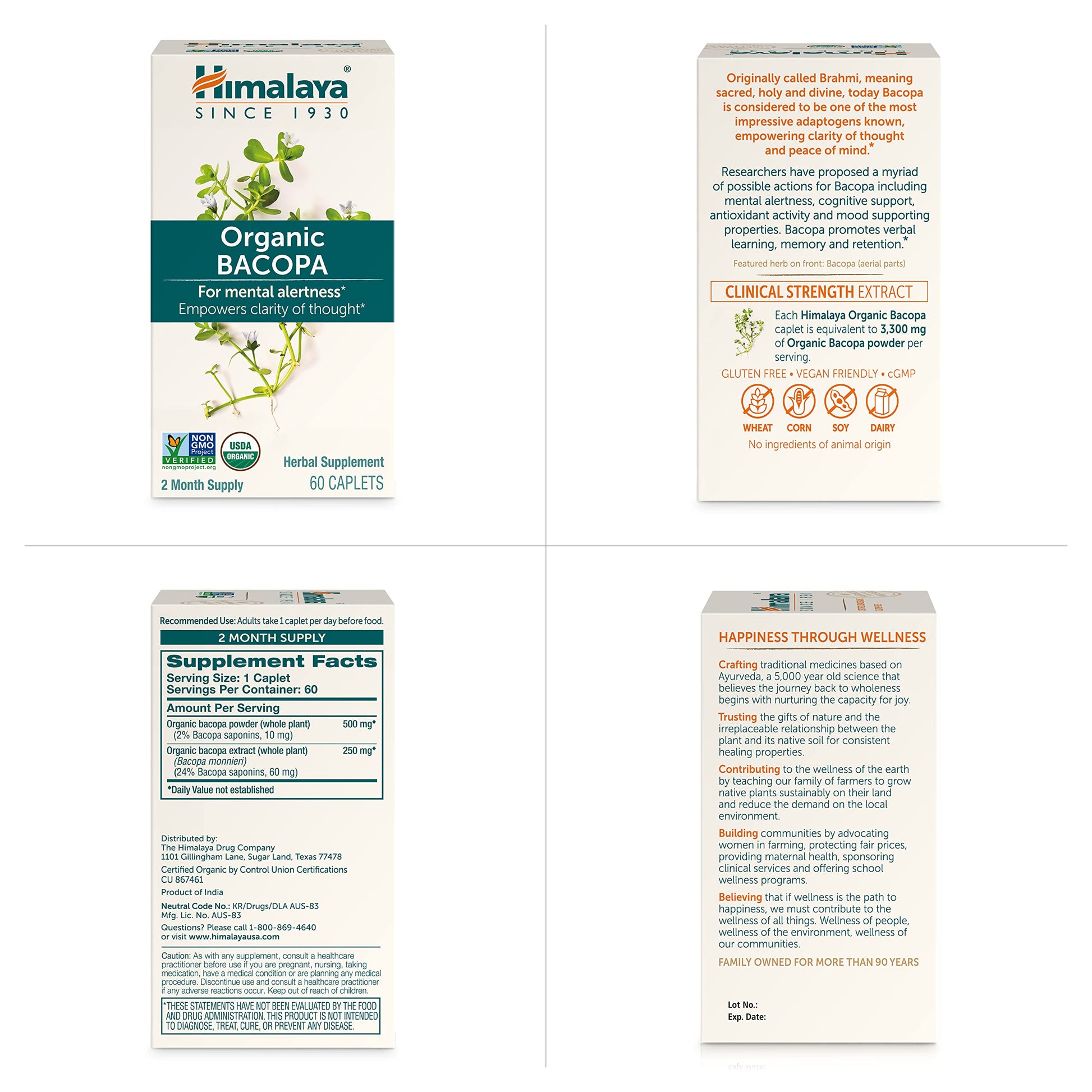 Himalaya Bacopa Monnieri Nootropic Herbal Supplement, Supports Calm, Memory, Cognition, USDA Certified Organic, Non-GMO, 750 mg, 60 Plant-Based Caplets, 60 Day Supply HimalayaAu supplements