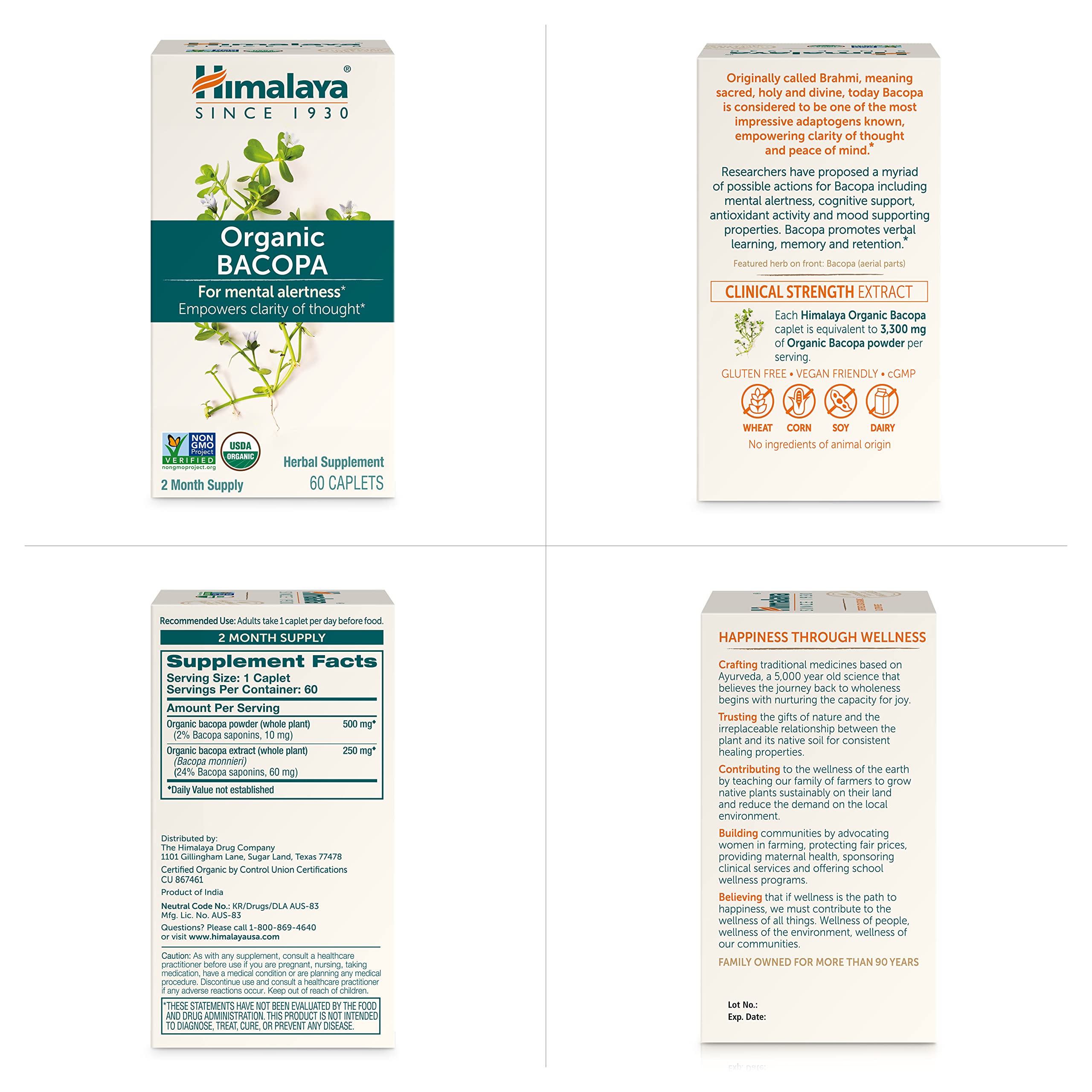 Himalaya Bacopa Monnieri Nootropic Herbal Supplement, Supports Calm, Memory, Cognition, USDA Certified Organic, Non-GMO, 750 mg, 60 Plant-Based Caplets, 60 Day Supply HimalayaAu supplements