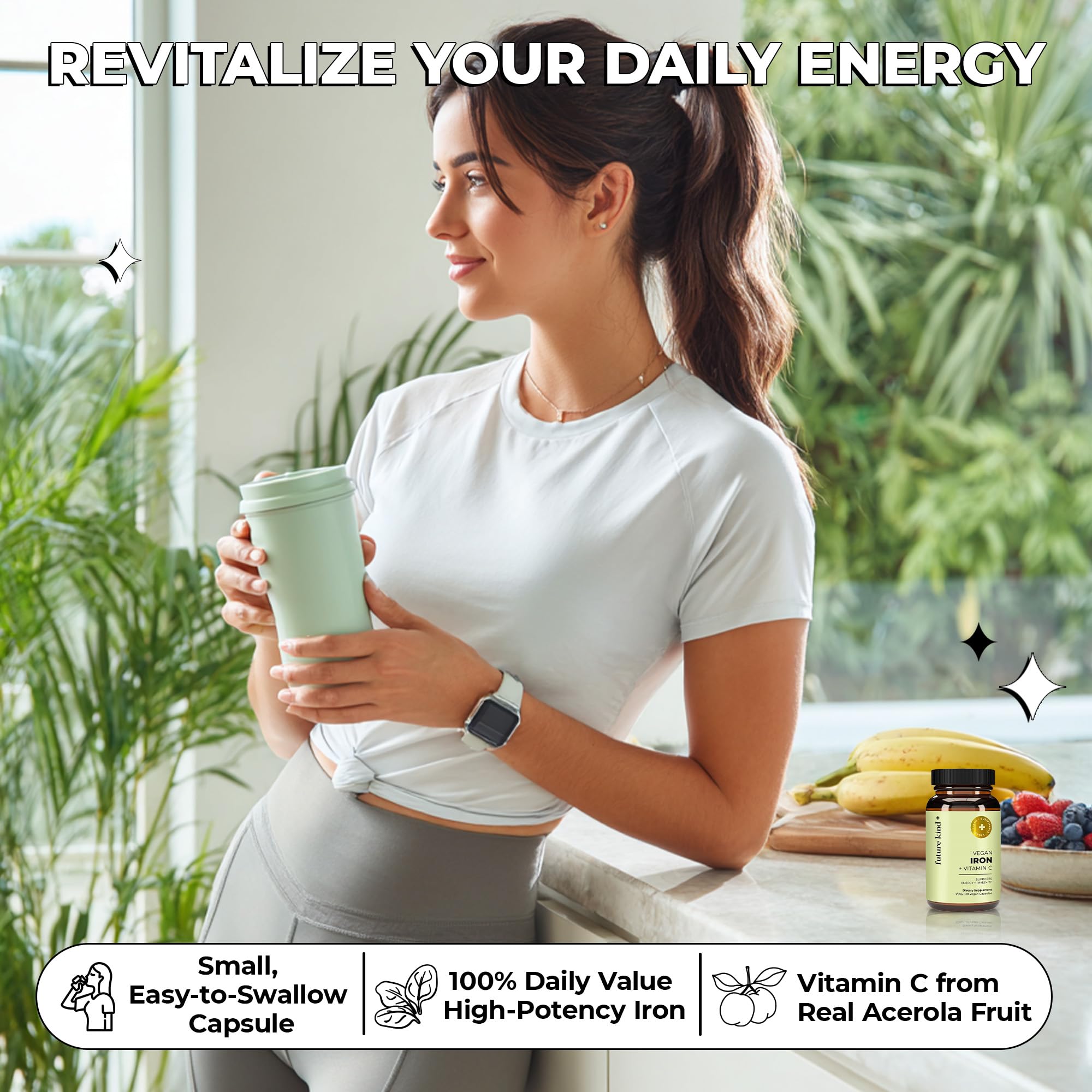 Future Kind Iron Supplement for Women and Men, Daily Energy & Focus, Chelated Iron Bisglycinate, 18mg 100% DV with Vitamin C for Absorption - Gentle on Stomach, Non-GMO Vegan Capsules, 30 Day Supply Future KindAu supplements
